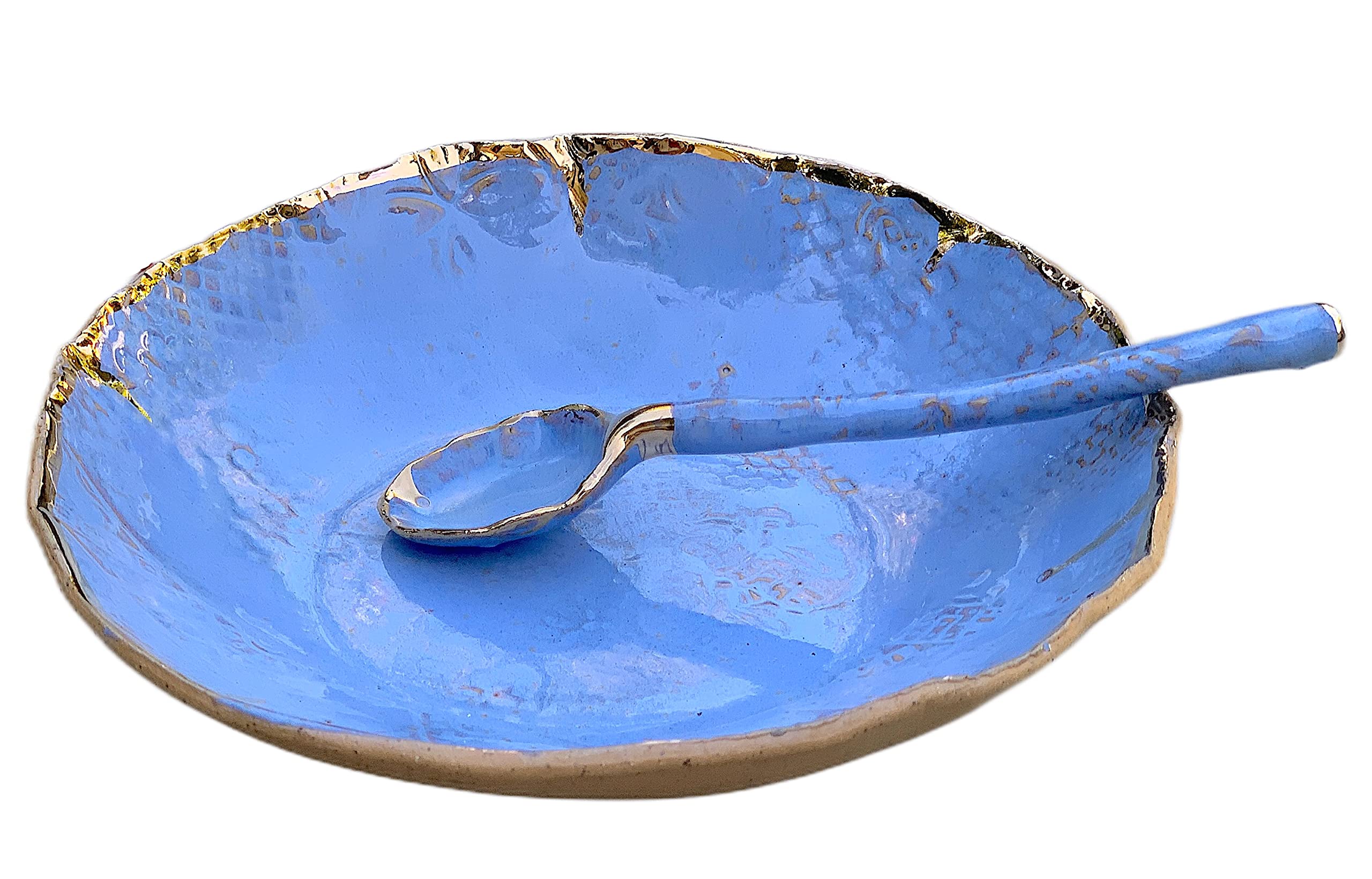 Handmade Ceramic Blue Gold and Brown Clay Bowl and Spoon Set - Artisan Kitchen Serving Dish for Soup, Salad, Dips, Cereal - Perfect for Dining, Gifts & Home Decor