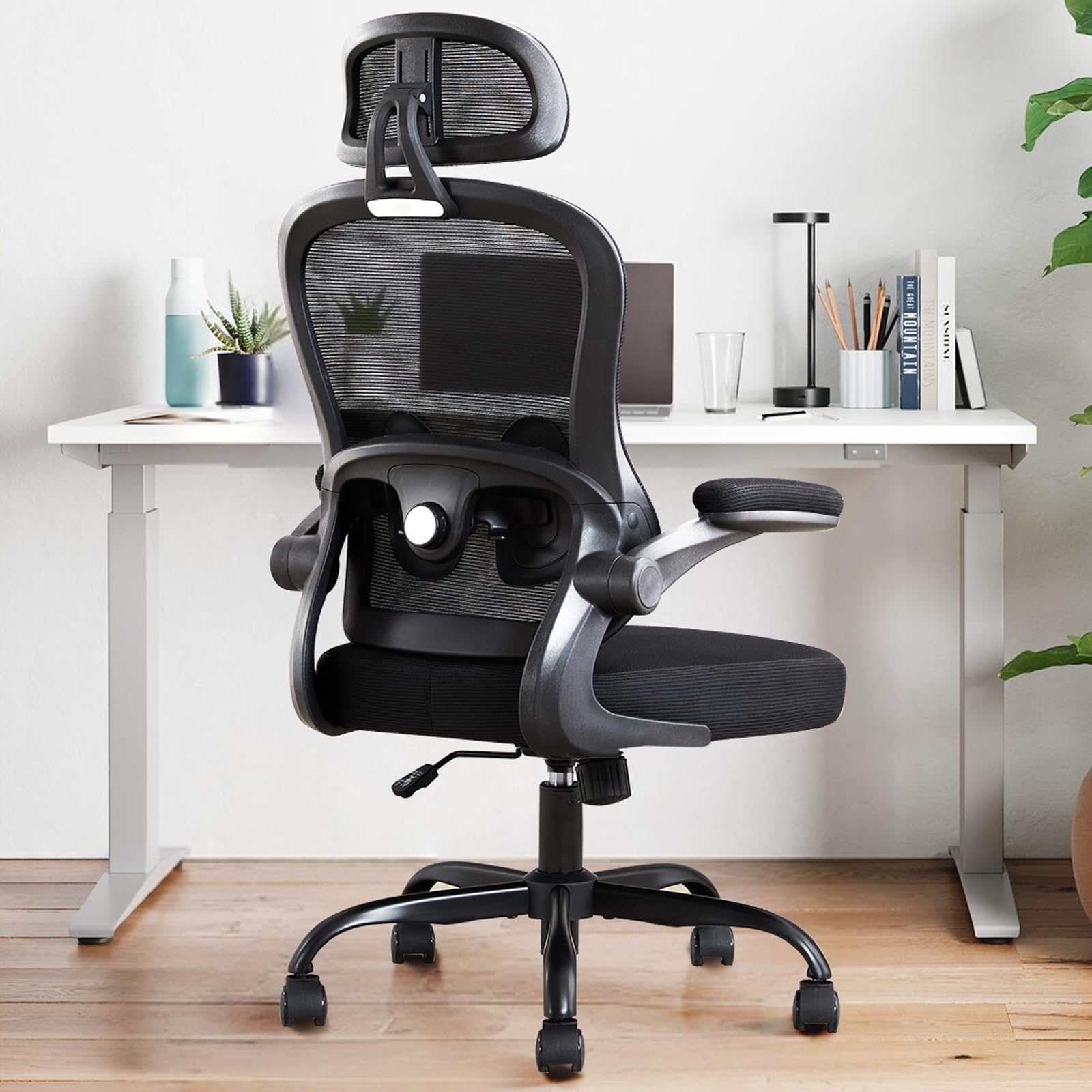 TUKAKA Ergonomic Office Chair with Adjustable Lumbar Support & Headrest - Ultra Thick Cushion, Rocking Function & Flip-Up Arms - Mesh Computer Chair for Home Office (Black) - Perfect for Long Work Hours, Gaming & Remote Work
