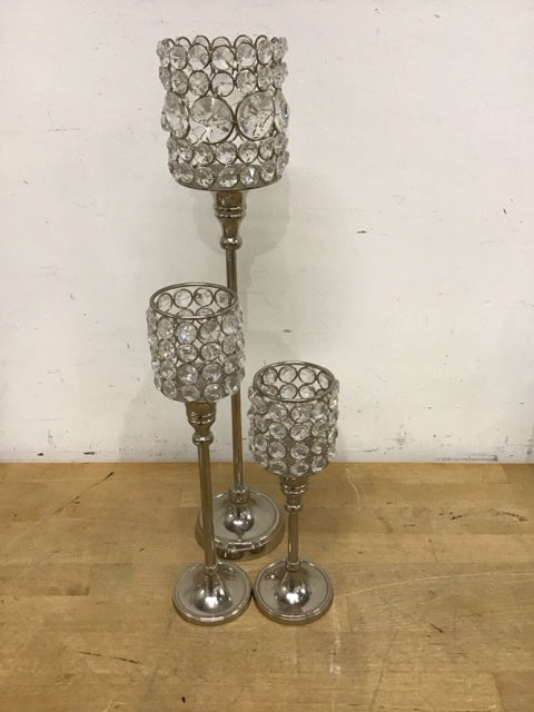Set of 3 Silver Rhinestone Tea Light Candles - Elegant Decorative Candle Holders for Weddings, Parties & Home Decor