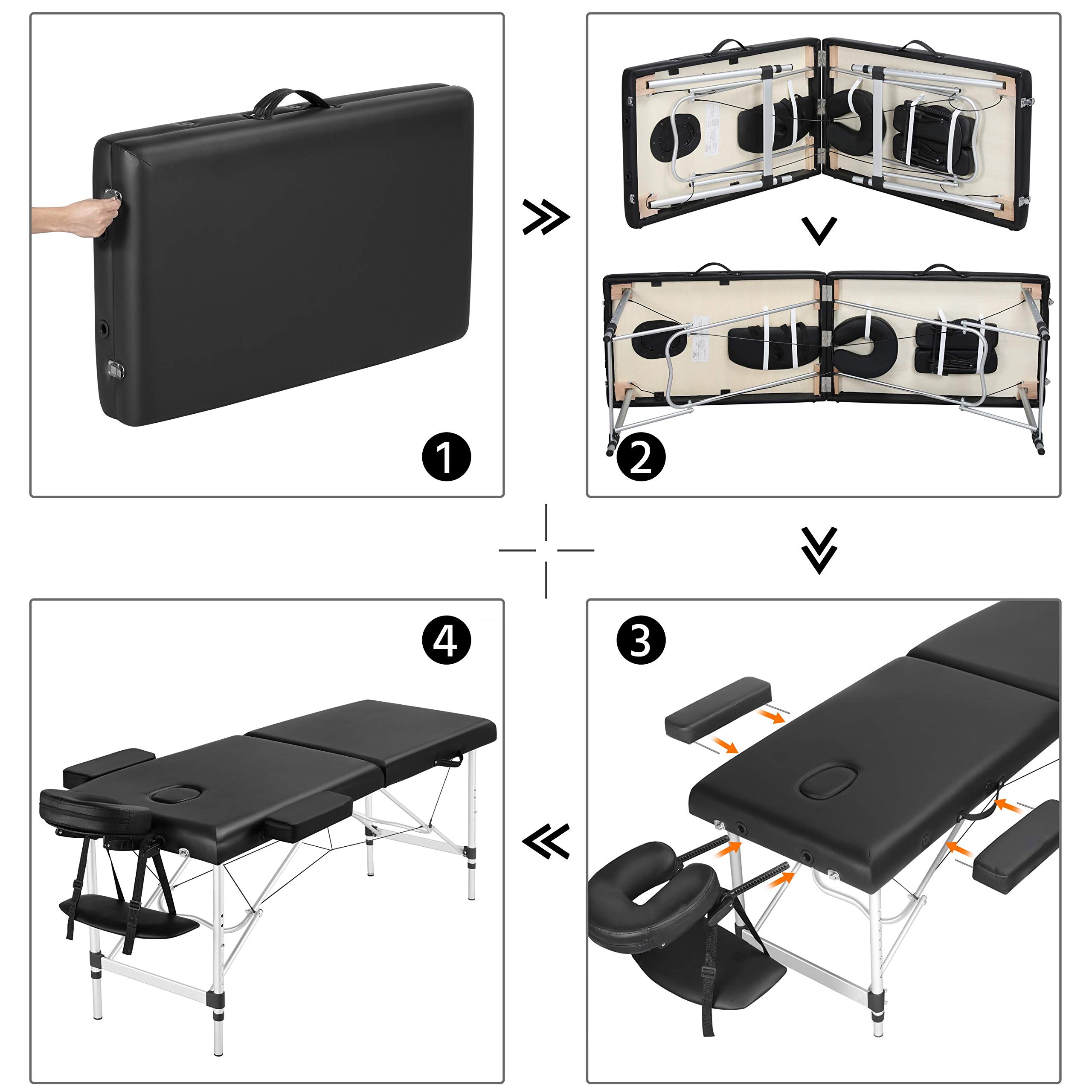 Topeakmart Portable Folding Massage Table - Adjustable Height 84 Inch Aluminum Spa Therapy Bed for Salon & Home Use | Black | Ideal for Professional Massage, Physical Therapy & Relaxation