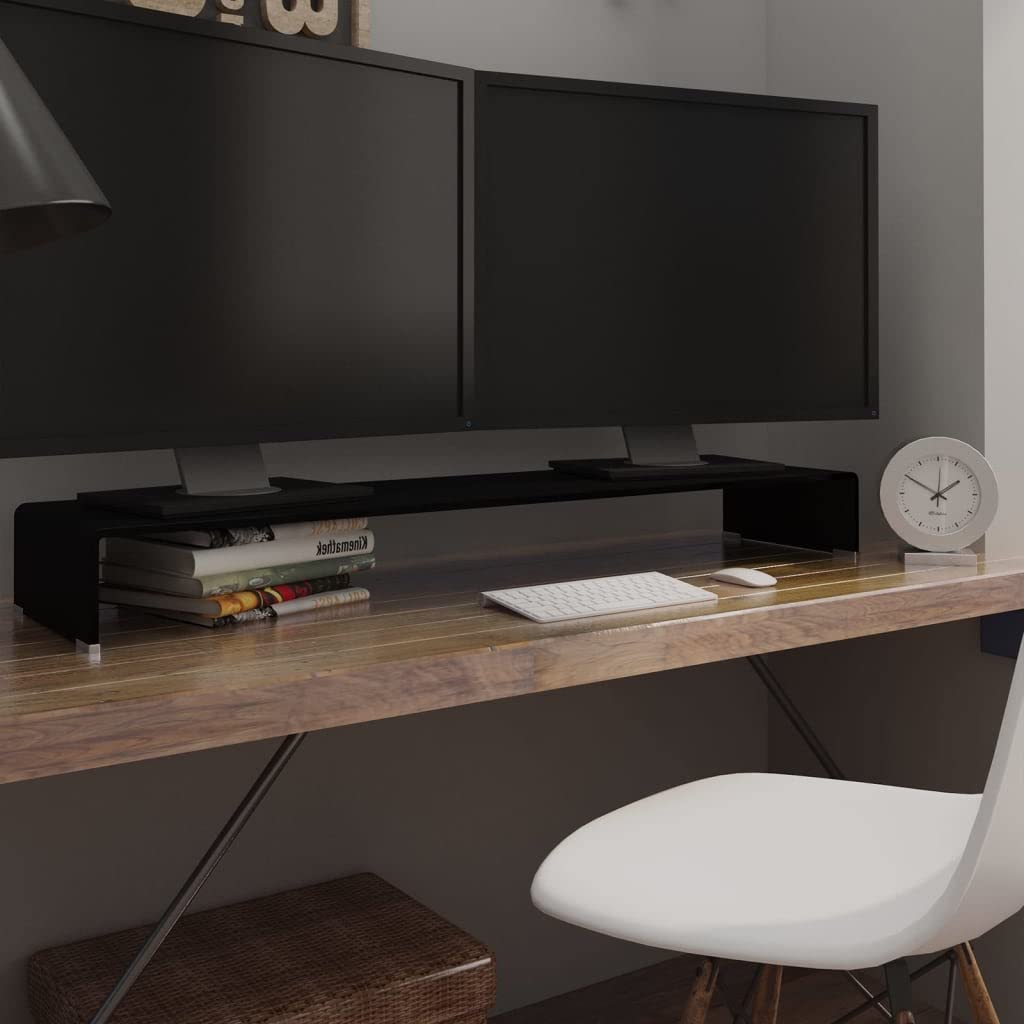 Black Glass TV Stand with Monitor Riser - 47.2