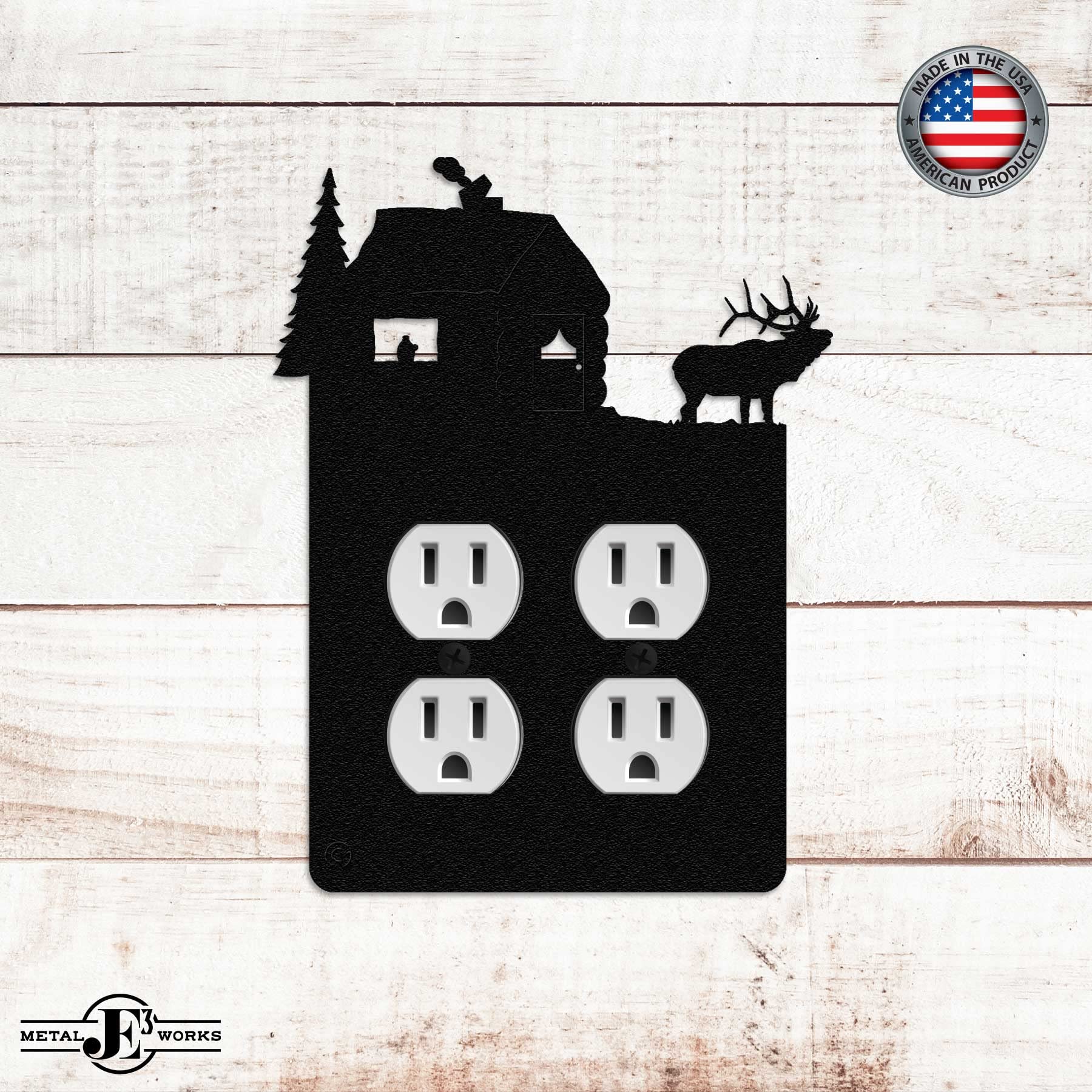 Elk & Cabin Double Duplex Power Outlet Wall Plate - 2 USB Ports & 4 AC Outlets, Black - Made in USA - Perfect for Home Office, Bedroom, and Kitchen Electrical Needs