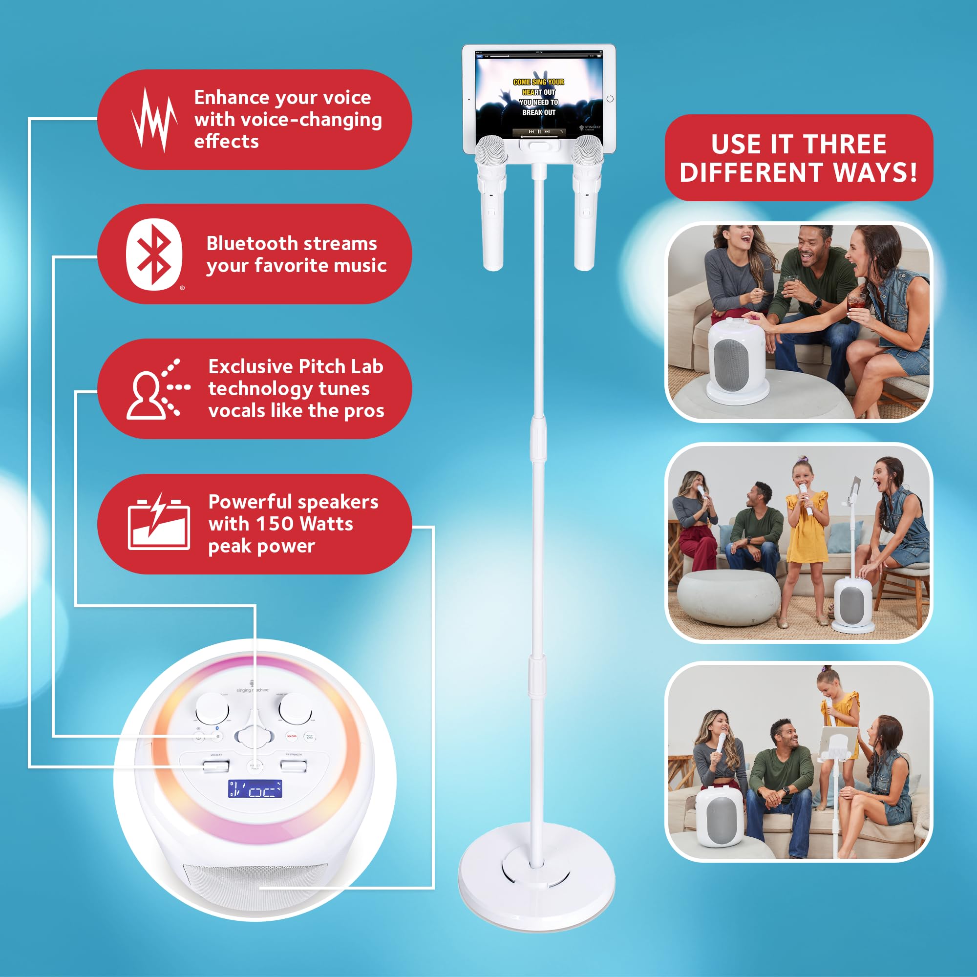 Singing Machine Portable Karaoke System with 2 Wireless Microphones - Bluetooth Home Karaoke Machine for Adults & Kids - Built-in Speaker, LED Lights & Voice Enhancer - Perfect for Parties, Family Gatherings & Home Entertainment (White)