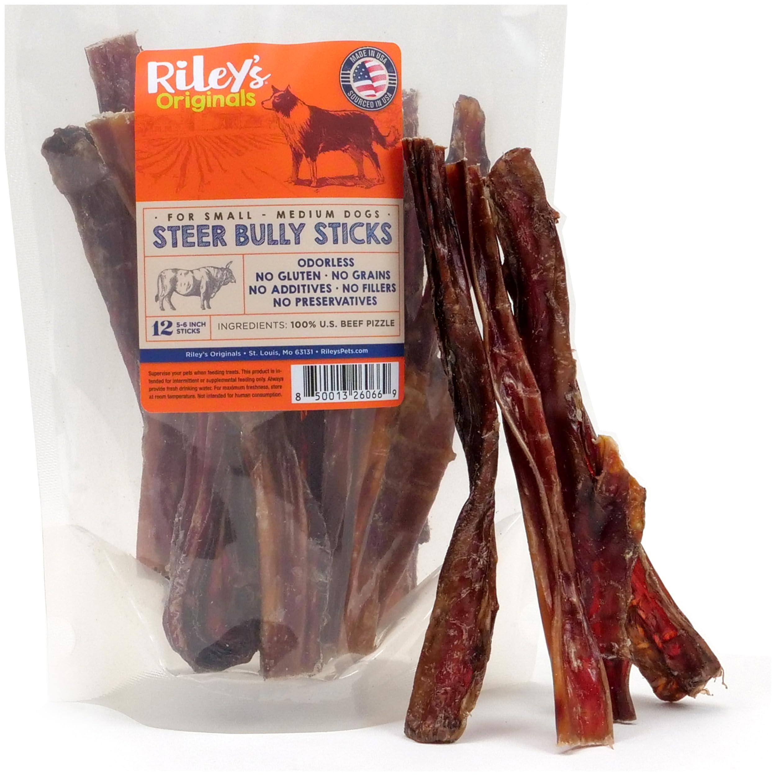 Riley's Odor-Free Bully Sticks for Small & Medium Dogs | 100% Beef Pizzle Sticks | Single-Ingredient, Gluten-Free Dog Treats (5-6 Inch, 12 Count) - Perfect for Training, Chewing & Dental Health