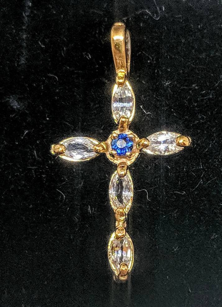 Custom Made Solid Sterling Silver or 14K Gold Plated Blue & White Sapphire Cross Cluster Pendant - Religious Jewelry for Baptism, Confirmation & Spiritual Gifts