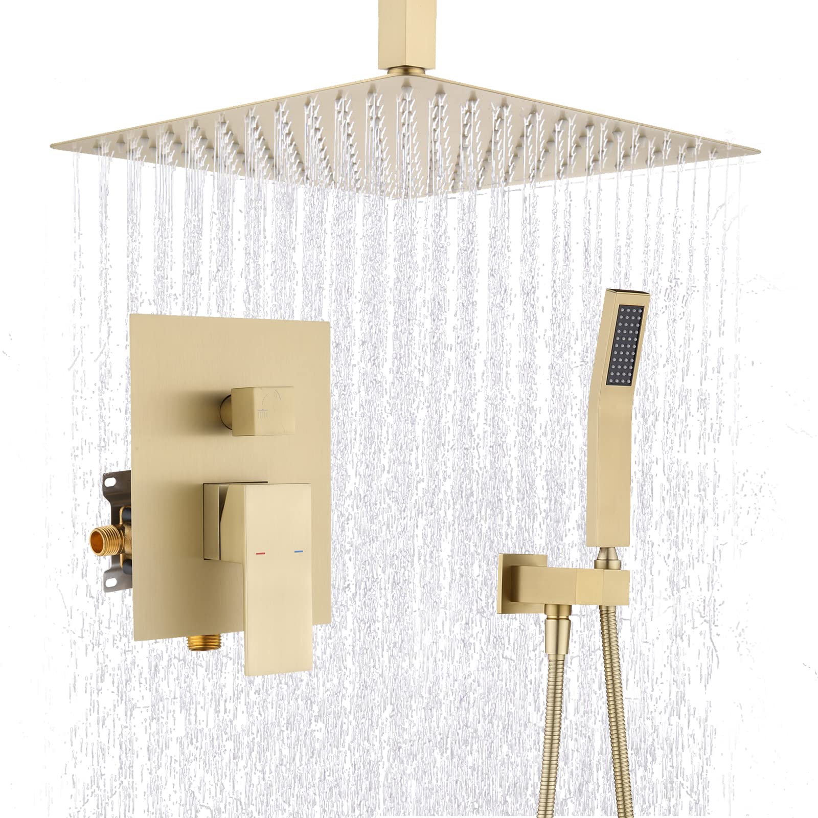 KRUZOO 12 Inch Square Rain Shower System - Brushed Gold Ceiling Mount Brass Shower Faucet Set with Handheld Combo, Rough-in Valve & Trim Kit (LY08083BG) - Luxury Bathroom Upgrade for Modern Homes & Spa Experience