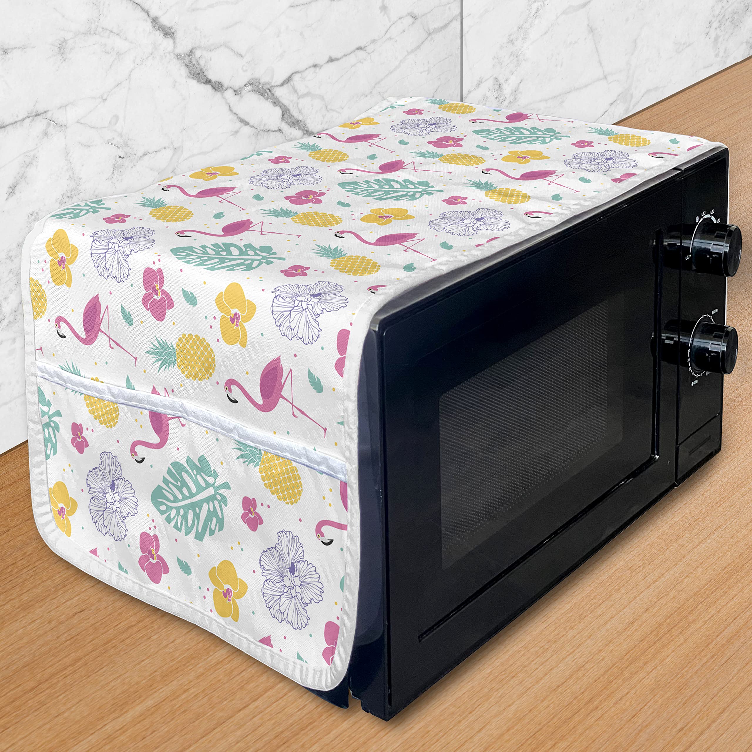 Ambesonne Luau Microwave Cover - Waterproof Kitchen Organizer with Pockets, Monstera Leaves & Flamingo Pineapple Design, 36