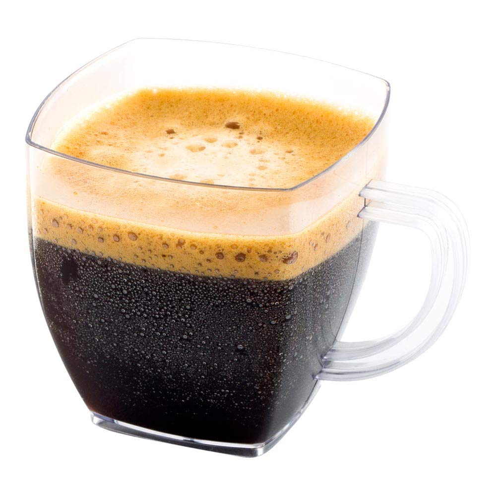 2 oz Clear Square Disposable Plastic Coffee Cups with Handles - 100 Pack Hard Mini Espresso Cups for Catering, Events, Parties, Weddings & Cafes | Perfect for Serving Espresso, Desserts & Appetizers
