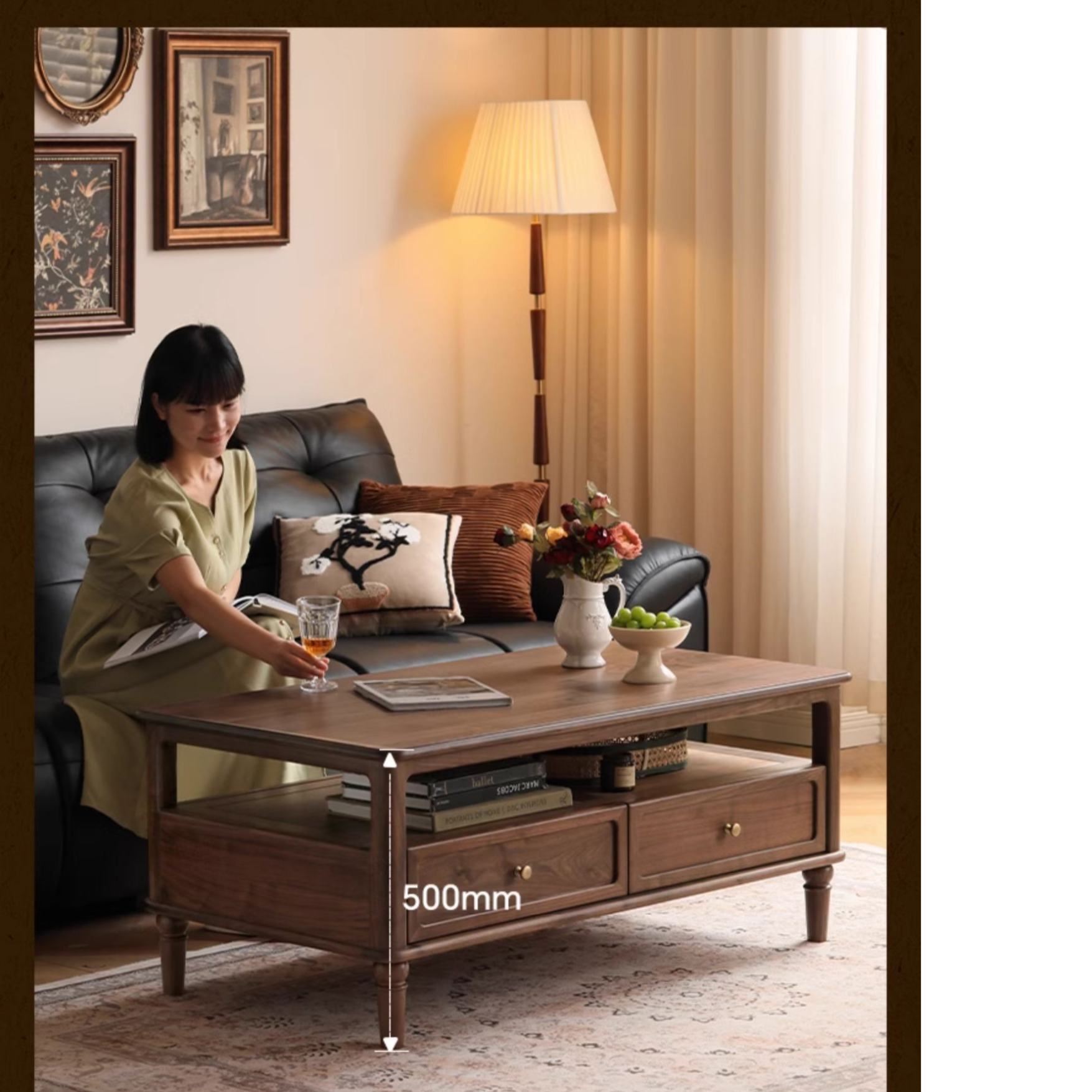 Solid Black Walnut Wood American Retro Coffee Table - Mid-Century Modern Style for Living Room, Lounge & Office Decor