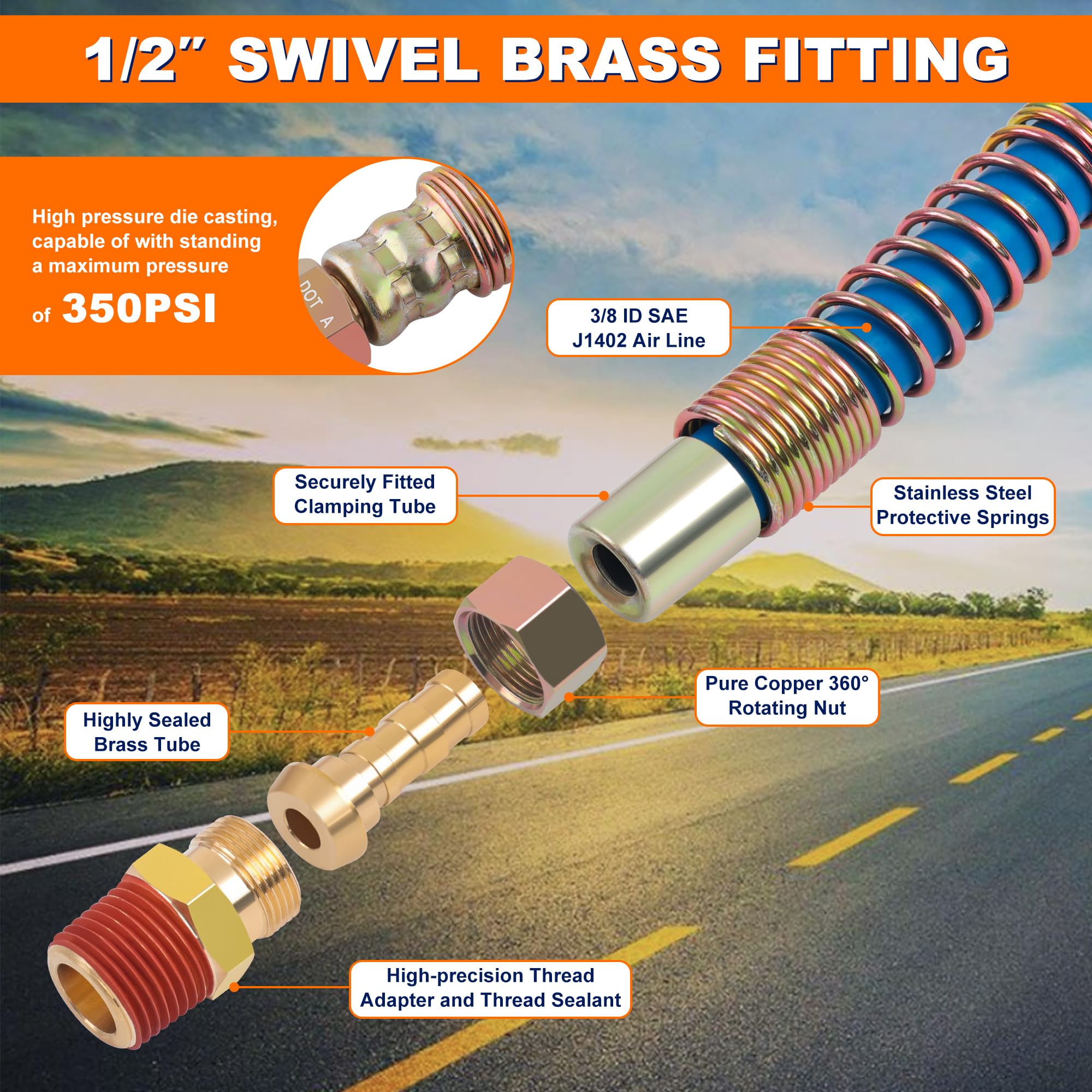 15FT Air Brake Line Hose Kit - Heavy Duty Aluminum Extension Handles & Emergency Glad Hands - Color-Coded Rubber Air Brake Hose for Semi Trucks, Trailers & Tractors - Perfect for Roadside Repairs & Fleet Maintenance