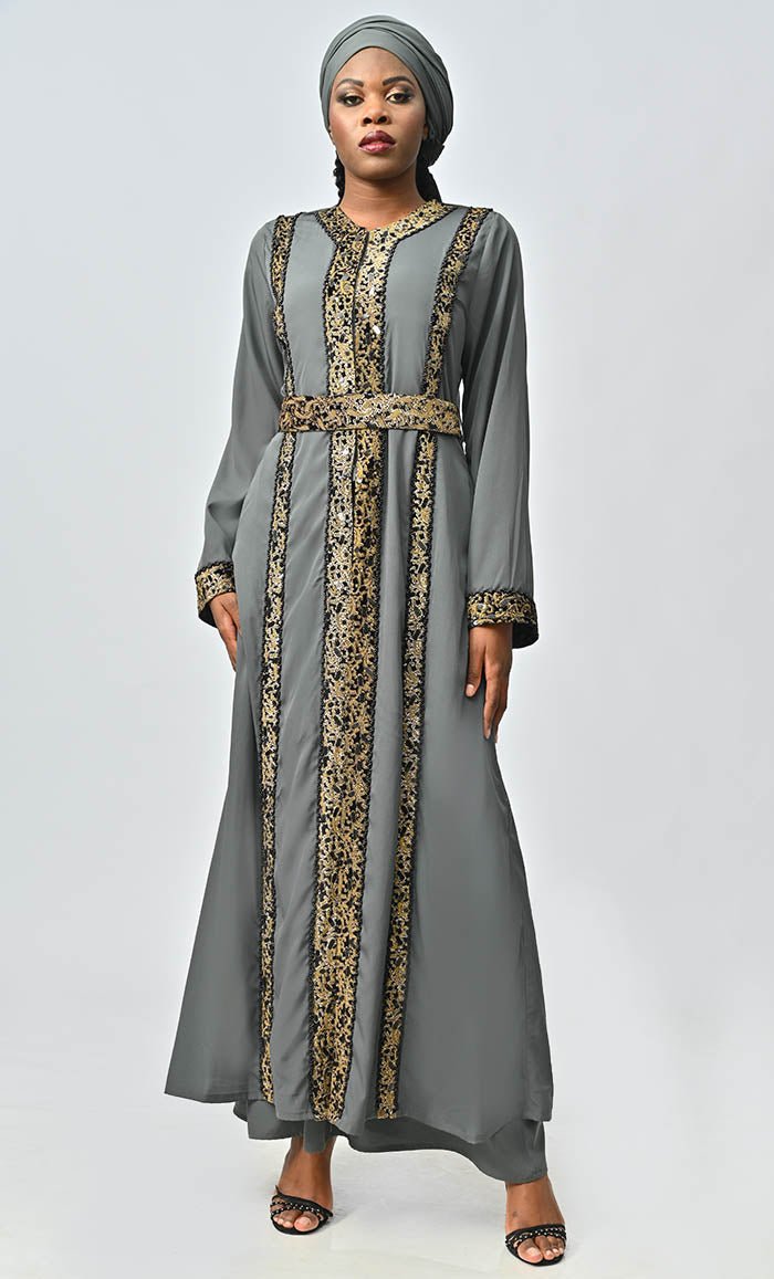 Elegant Moroccan Style Abaya with Hand Embroidery & Lace Detailing - Modest Islamic Dress for Women, Perfect for Prayer, Eid, Weddings & Special Occasions