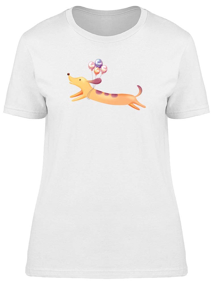 Smartprints Women's Dog Flying with Balloons Graphic T-Shirt - Cute Casual Tee for Dog Lovers, Pet Owners & Animal Enthusiasts | Perfect for Daily Wear, Outings & Gifts