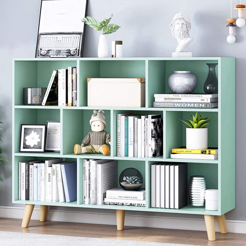 IOTXY 3-Tier Wooden Open Shelf Bookcase - Floor Standing Display Cabinet with 10 Storage Cubes, Modern Tiffany Green Bookshelf for Living Room, Bedroom & Office Organization