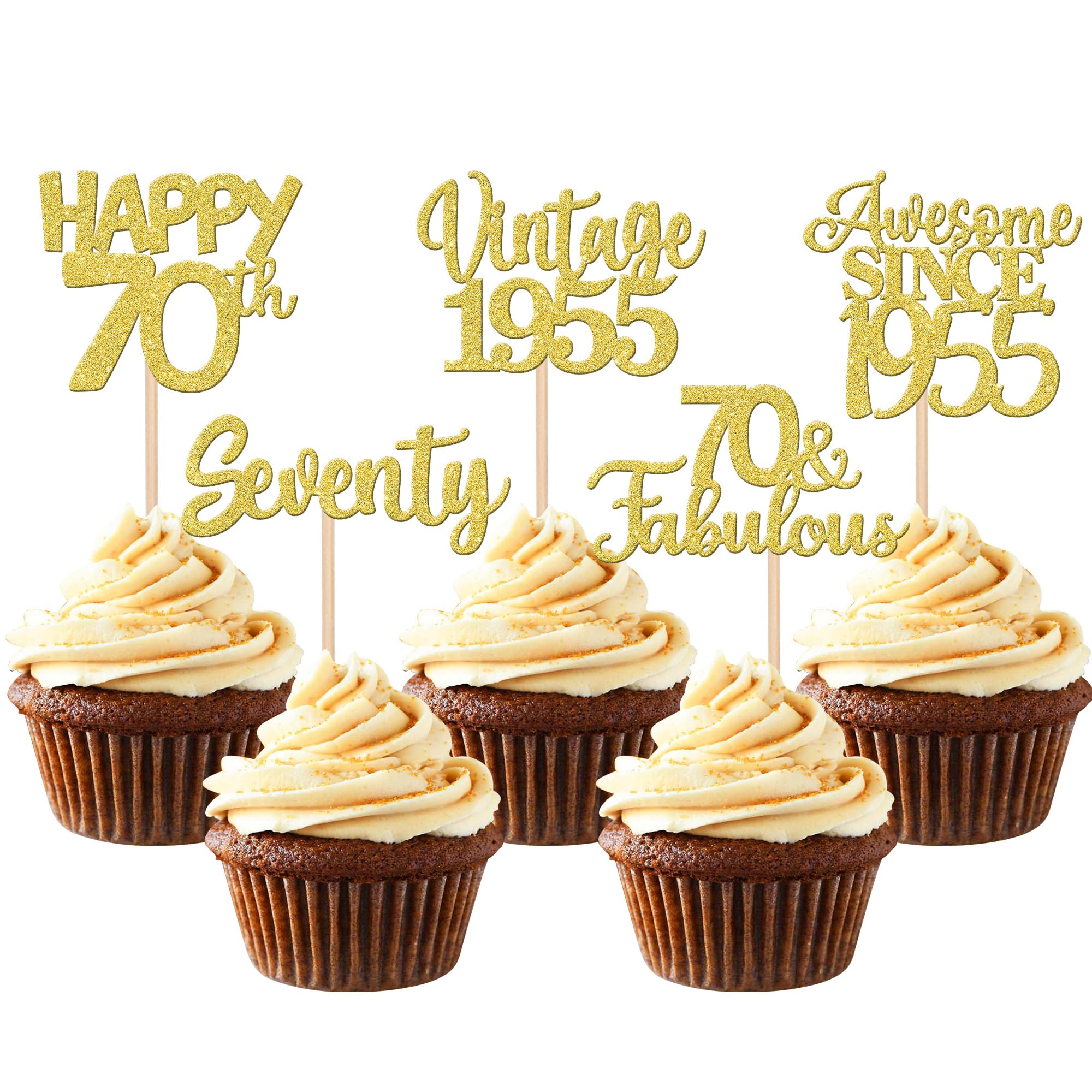 30PCS Vintage 1955 Gold Glitter Cupcake Toppers - Happy 70th Birthday Decorations for Cake, Wedding Anniversary Party Supplies (Cheers to 70 Years) - Perfect for Birthday Celebrations, Retirement Parties, and Milestone Events