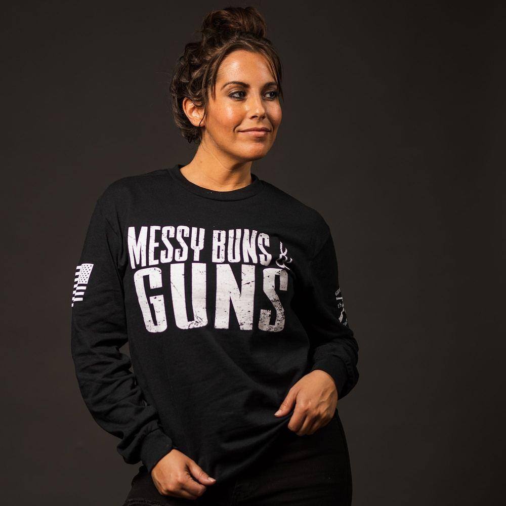 Women's Messy Buns & Guns Long Sleeve T-Shirt - Black | Gym Workout & Casual Wear