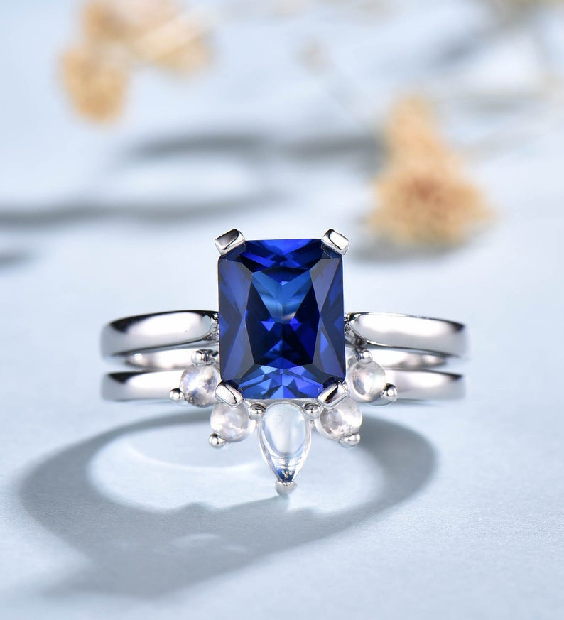 Solitaire Blue Emerald Sapphire Moonstone Engagement Ring Set - 2 Piece Wedding Band for Women, Vintage Bridal Jewelry | Perfect for Proposals, Anniversaries & Special Occasions