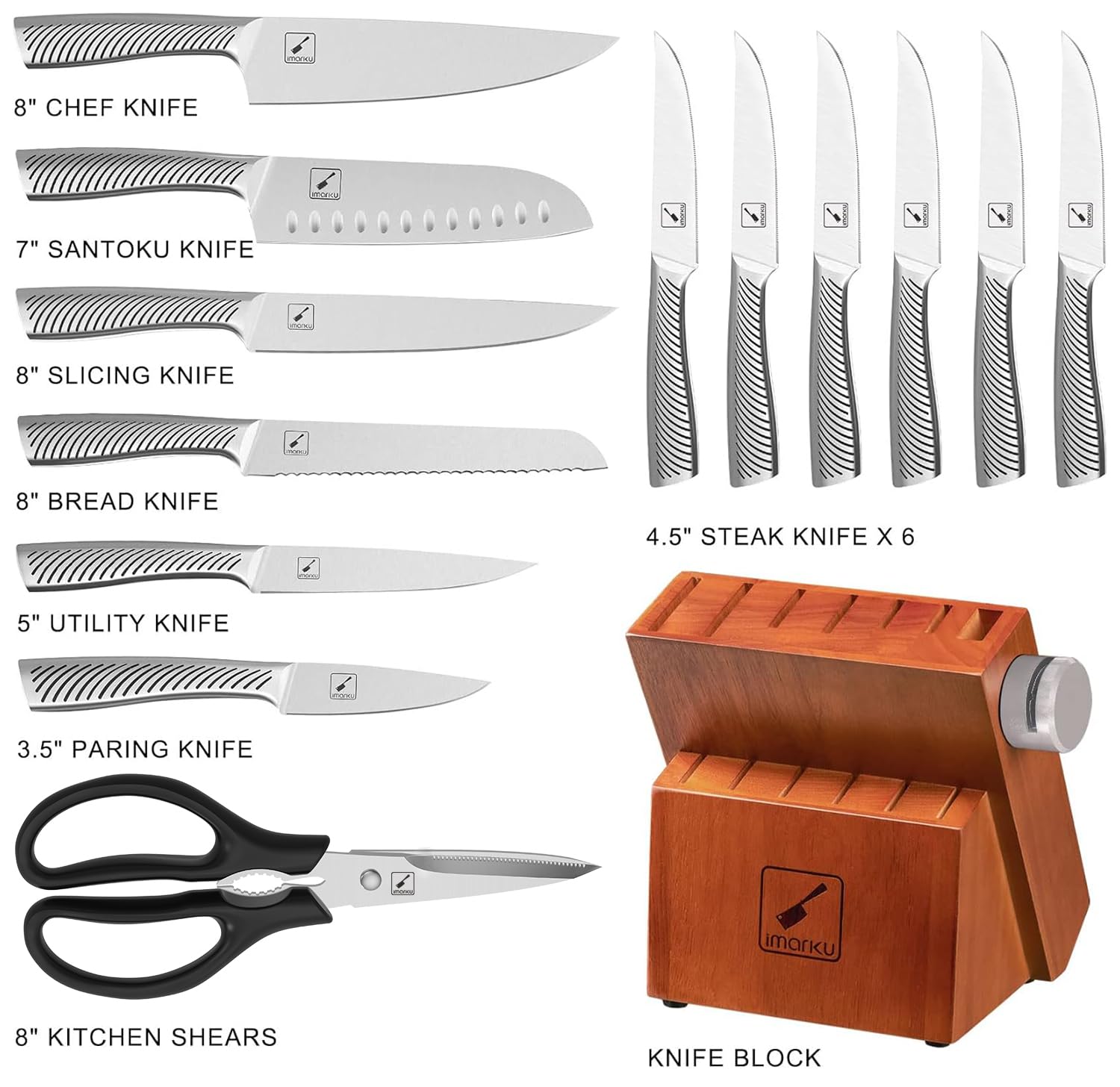 IMARKU 14-Piece High Carbon Stainless Steel Knife Set with Wooden Block - Professional Kitchen Knives with Built-in Sharpener, Dishwasher Safe, Ergonomic Anti-Slip Handles - Perfect for Home Chefs, Cooking Enthusiasts & Wedding Gifts