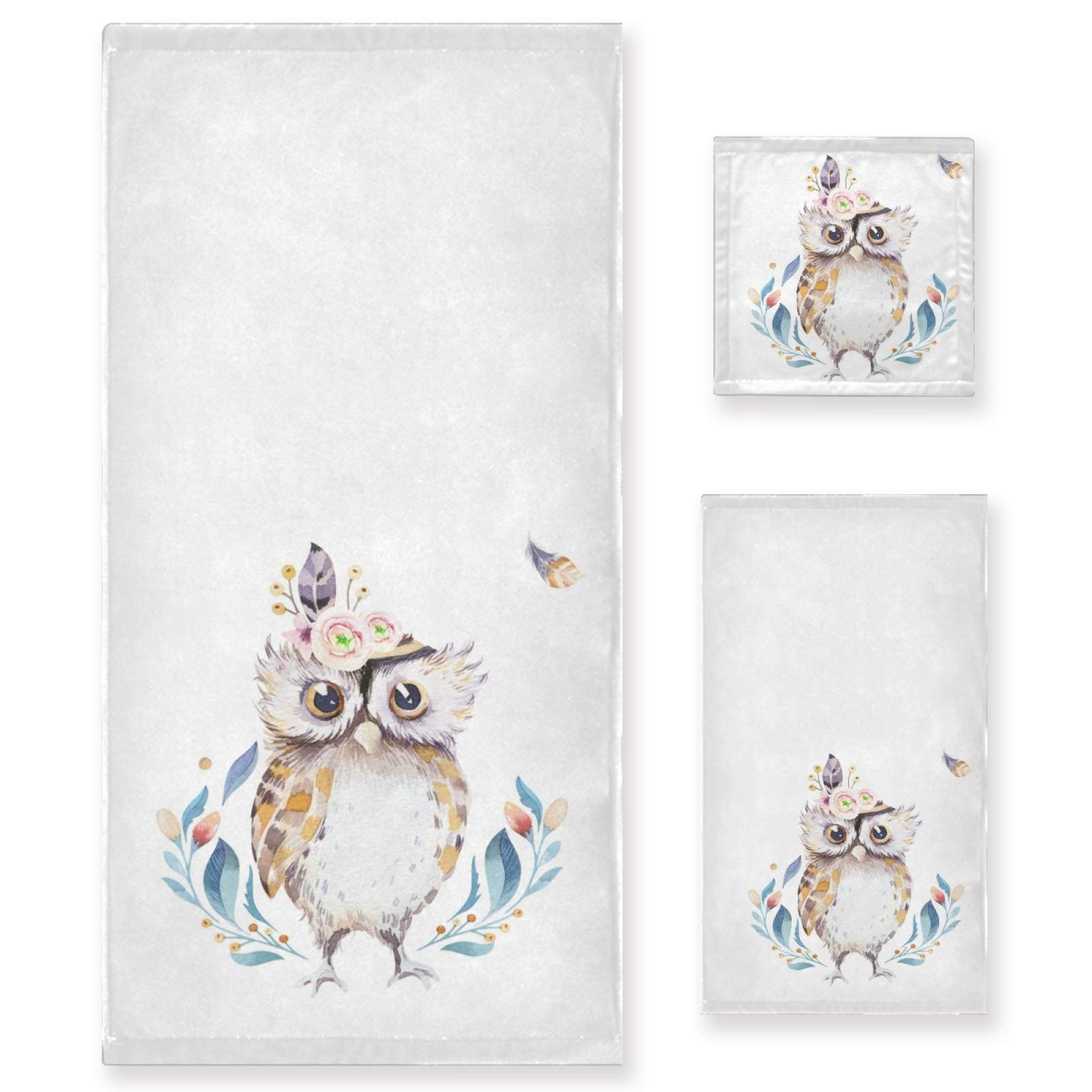 Bohemian Baby Cartoon Owl Soft Luxury 3-Piece Towel Set - 1 Bath Towel, 1 Hand Towel, 1 Washcloth | Ultra Absorbent & Plush for Bathroom, Hotel, Gym, Spa, Kitchen Decor | Perfect for Nursery, Baby Shower Gift & Home Decoration