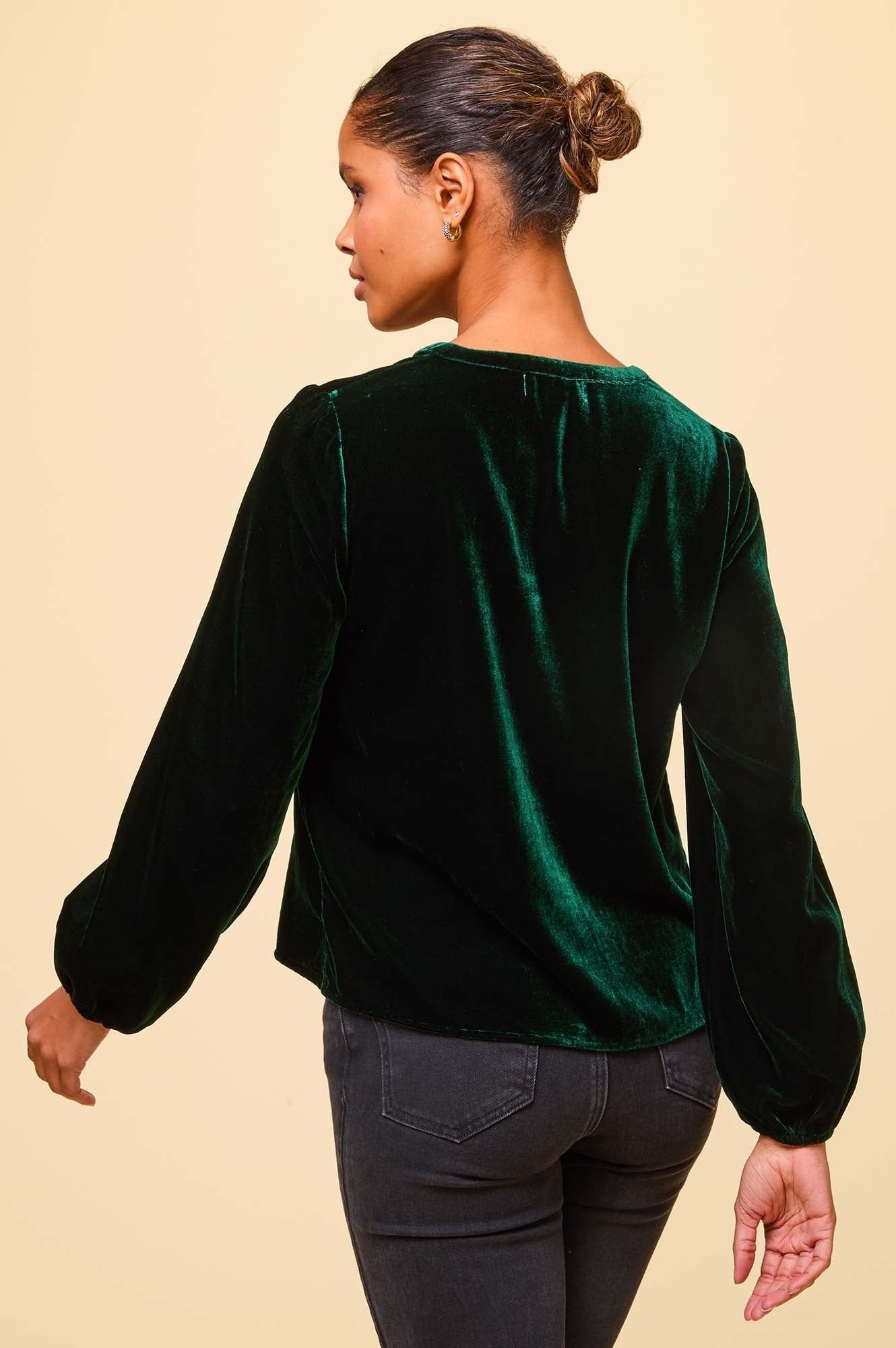 Faye Velvet Blouse for Women - Elegant Emerald Green Long Sleeve Blouse | Perfect for Office Wear, Date Night & Special Occasions