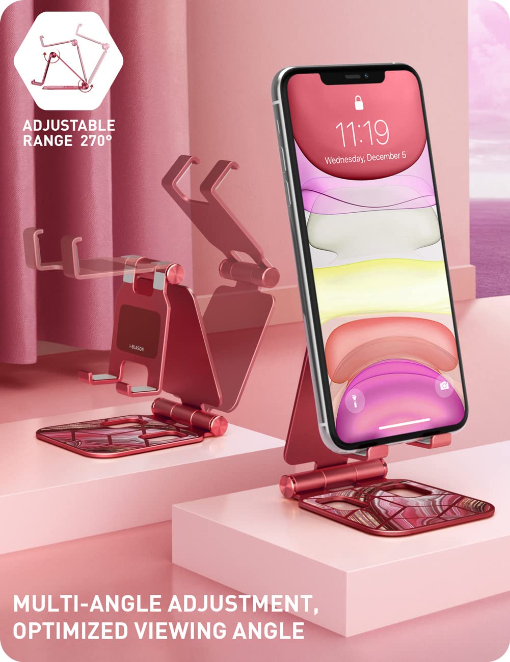 i-Blason Universal Foldable Cell Phone Stand Holder for Desk - Compatible with iPhone 16/15/14/13 Pro Max & All Smartphones - Adjustable Phone Stand for Work, Study, Video Calls & Watching Movies (Red)