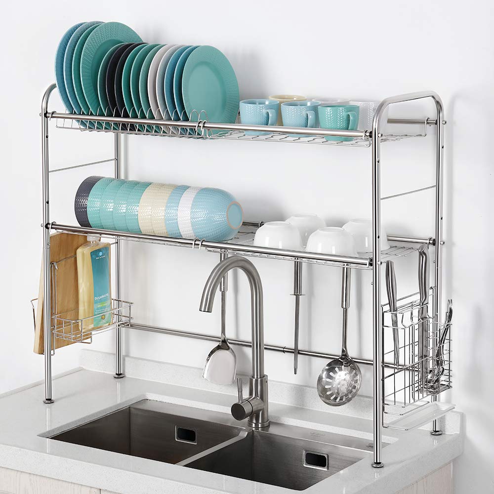 2-Tier Stainless Steel Over The Sink Dish Drying Rack - Adjustable Large Kitchen Shelf with Utensil Holder (Fits Sinks ≤35 Inch) | Space-Saving Dish Drainer for Small Kitchens & Apartments