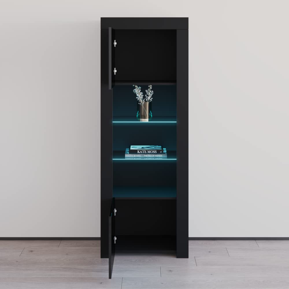 Modern Milano Freestanding Bookcase - Customizable LED Lights, Durable Wooden Bookshelf with High Gloss Finish - Black - Perfect for Living Room, Office & Library Storage