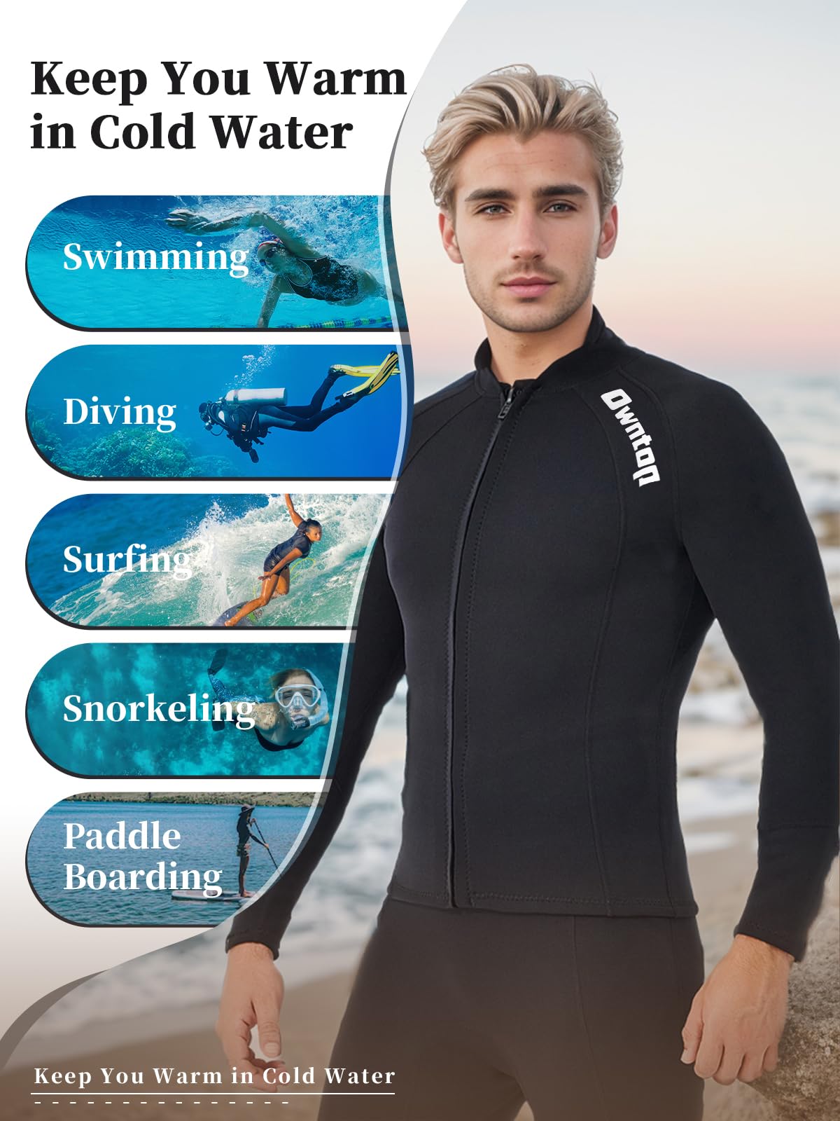 Owntop 2MM Neoprene Wetsuit Tops for Women & Men - Long Sleeve Front Zipper Swimwear for Swimming, Diving, Surfing & Water Sports | Flexible Comfortable Thermal Protection for Cold Water Activities
