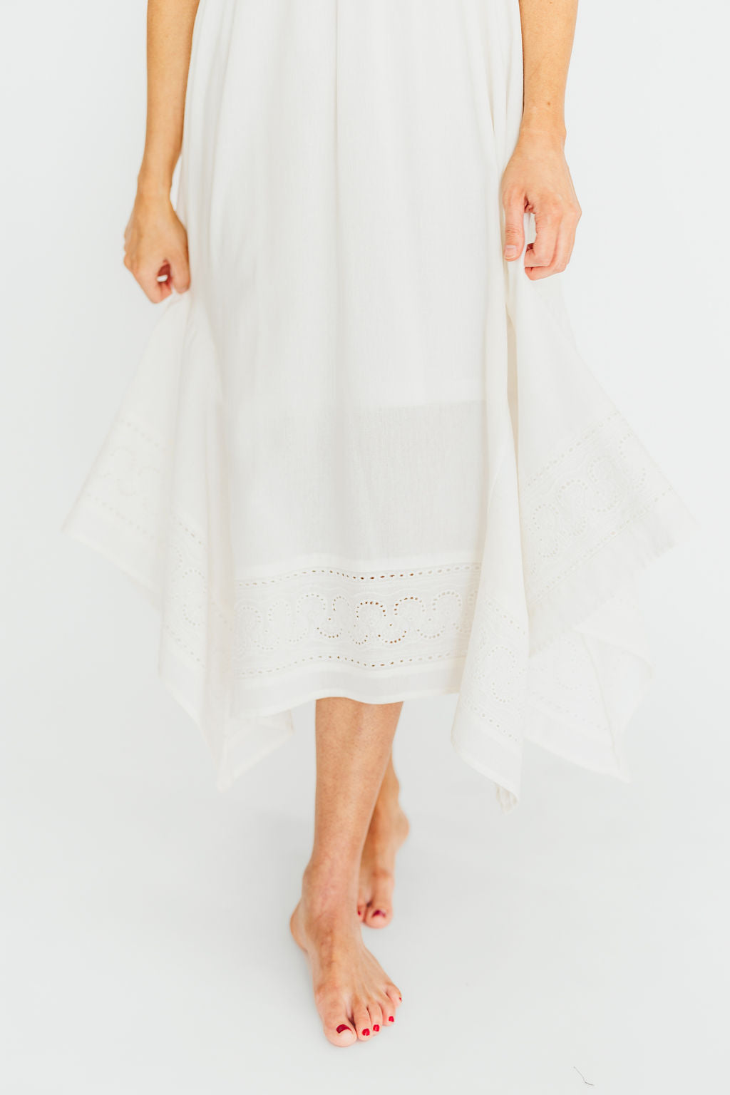 Palmer Asymmetrical Hem Midi Dress - White Flowy Summer Dress for Women | Perfect for Beach Vacations, Date Nights & Special Occasions