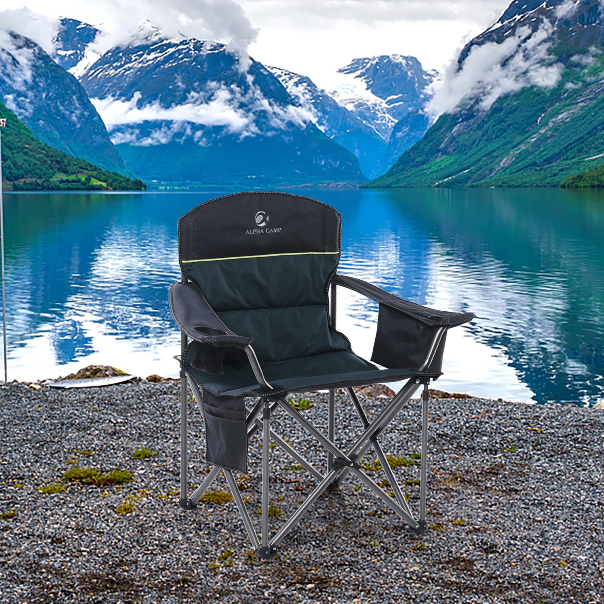 Oversized Folding Camping Chair Heavy Duty 450LBS Capacity - Portable Outdoor Padded Lawn Chair with Cup Holder, Storage Pocket & Cooler Bag - 2 Pack Green - Perfect for Camping, Travel, Picnics, Beach, Backyard & Outdoor Events