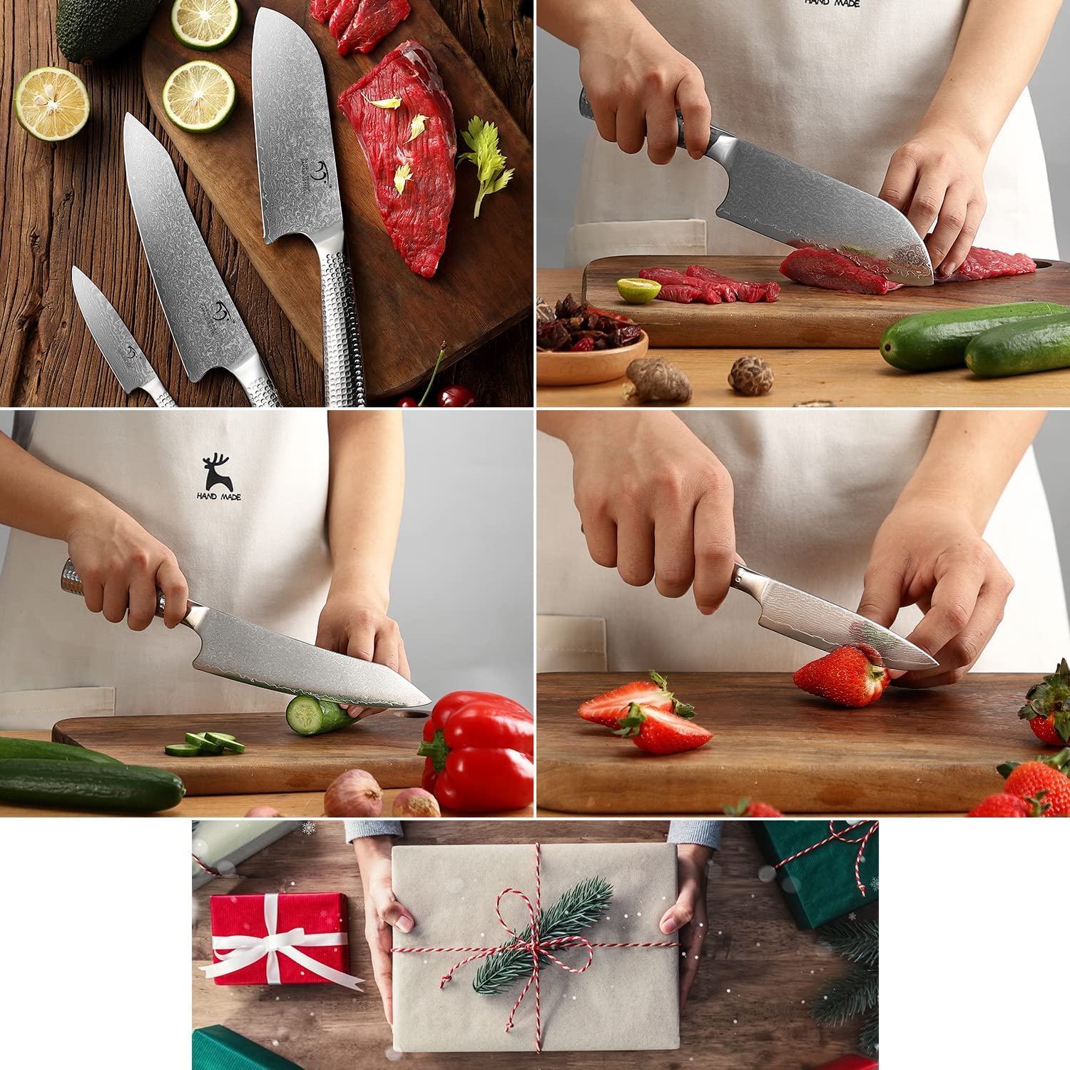Premium 12-Piece Damascus Steel Kitchen Knife Set with Natural Wood Block - Razor Sharp Chef Knives, Paring Knife, Bread Knife - Non-Slip ABS Ergonomic Handle, Sharpener & Shears Included - Perfect for Home Cooking, Professional Chefs & Gift Giving