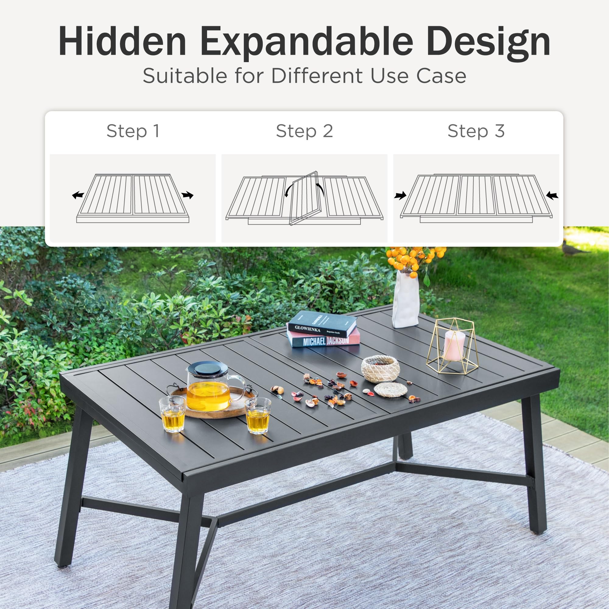 PHI VILLA Expandable Outdoor Dining Table - 6 to 8 Person Metal Patio Table with Adjustable Legs, Black Rectangular Garden Bistro Table - Perfect for Backyard BBQs, Poolside Gatherings & Outdoor Entertaining