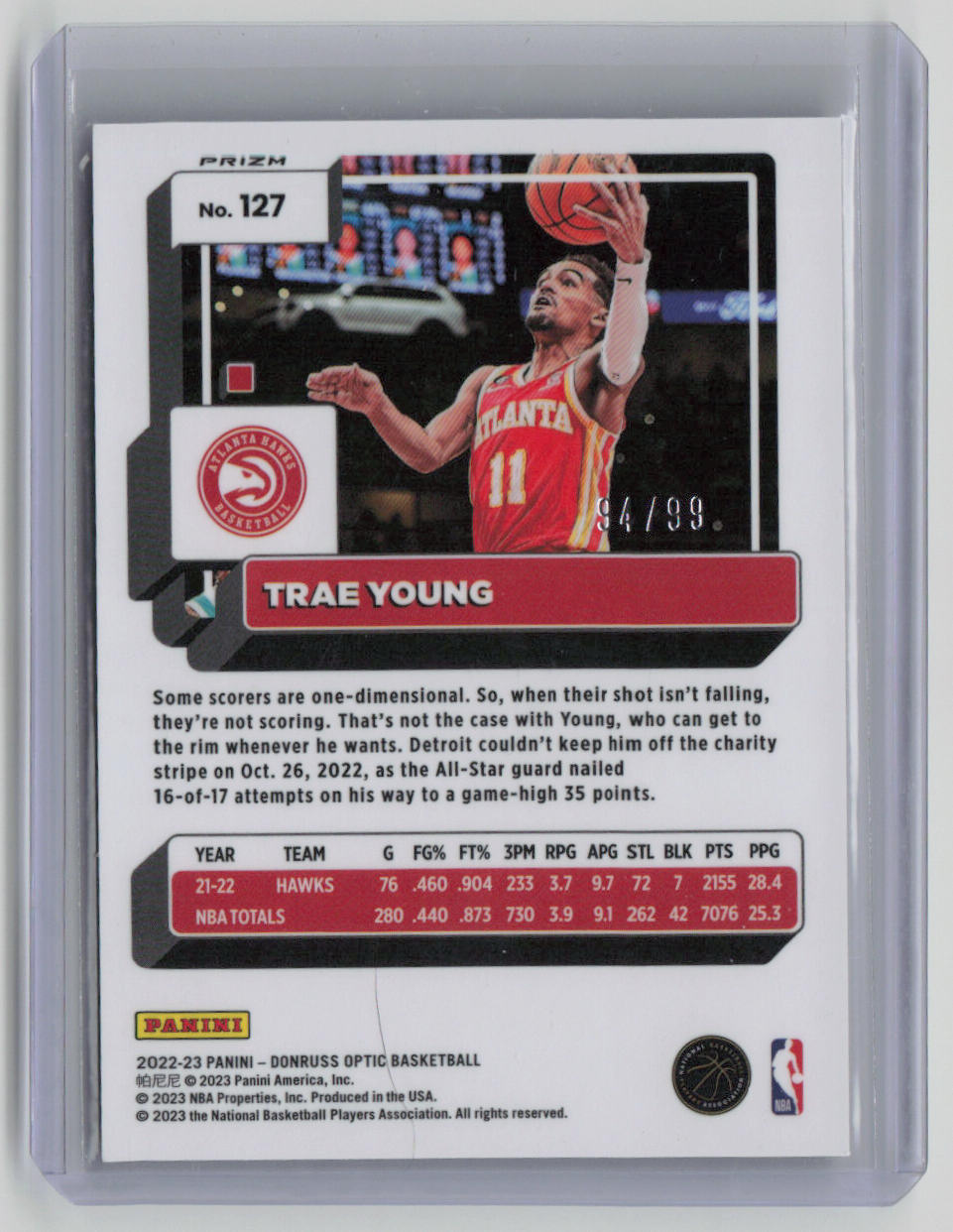 2022-23 Panini Donruss Optic Prizm Trae Young Basketball Card #127 - 94/99 Glitter Parallel - Collectible Sports Memorabilia for NBA Fans & Card Collectors - Perfect for Display, Trading, and Investment