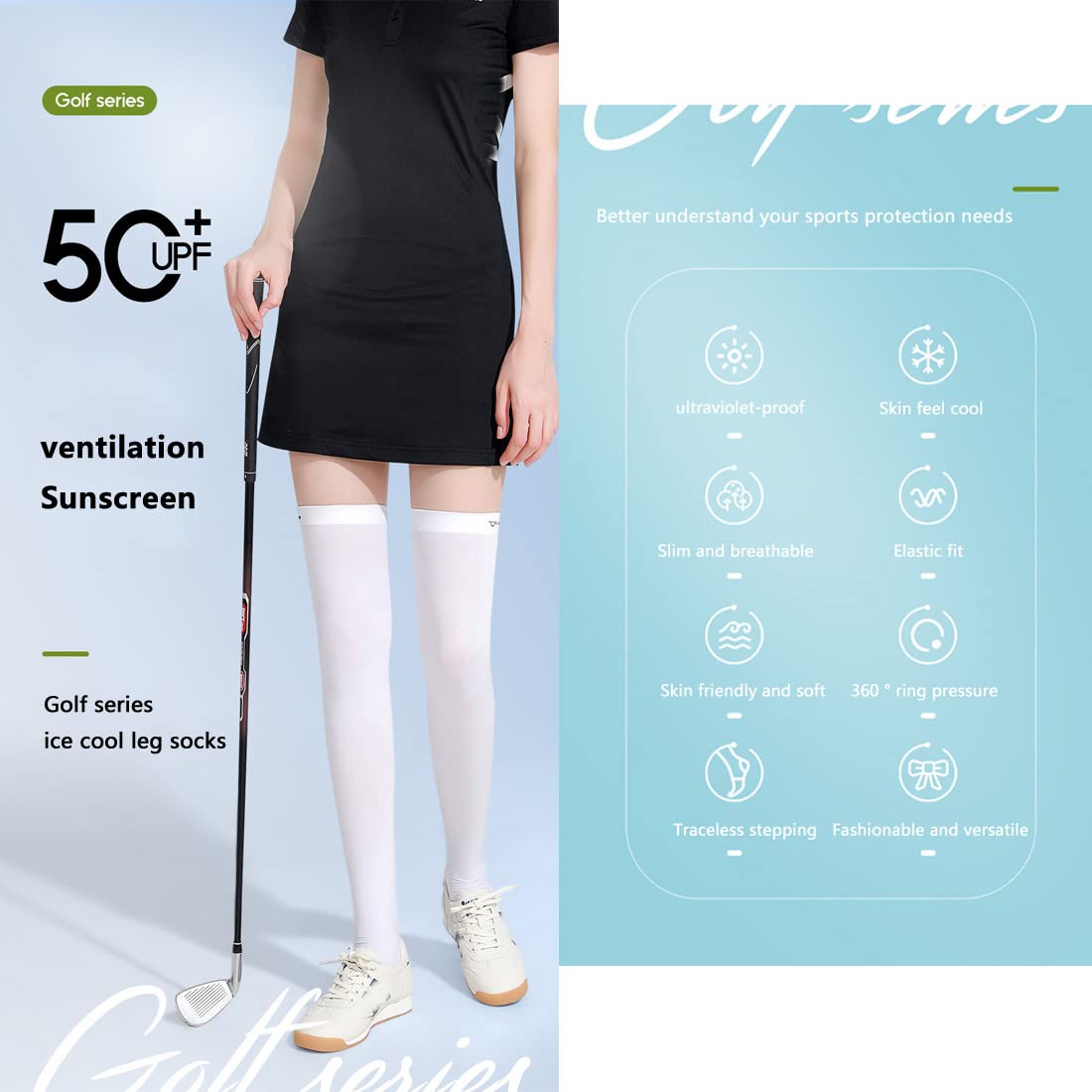 UPF 50+ Sun Protection Golf Socks - Ice Silk Breathable Cool Long Thigh High Socks for Women & Men - Perfect for Golf, School, Daily Wear, Cosplay & Outdoor Activities