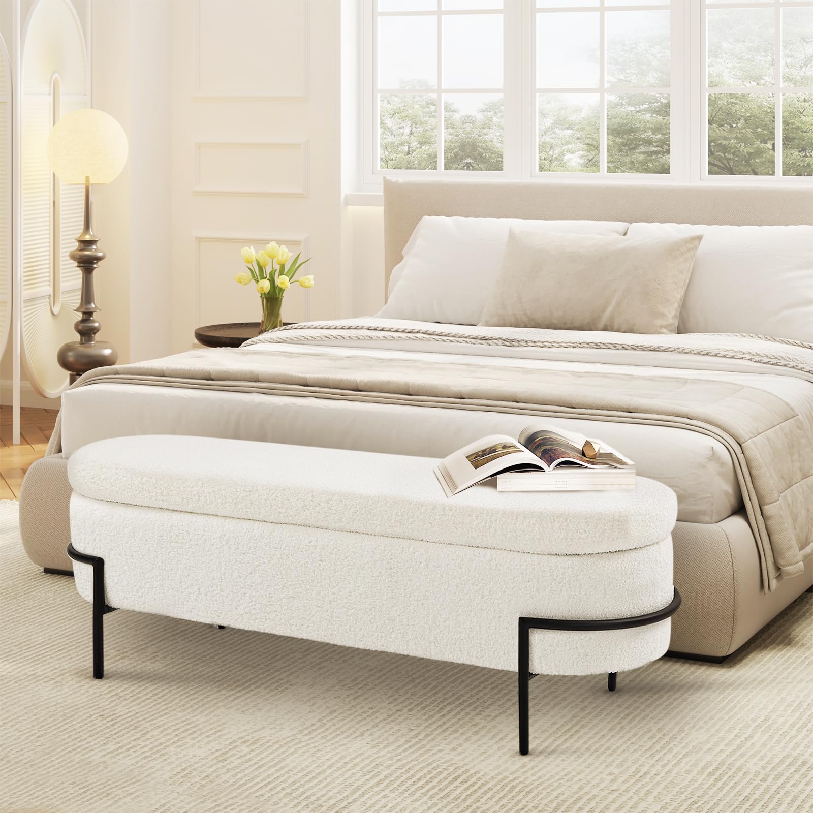 White Storage Bench Ottoman with Sherpa Upholstery - 45