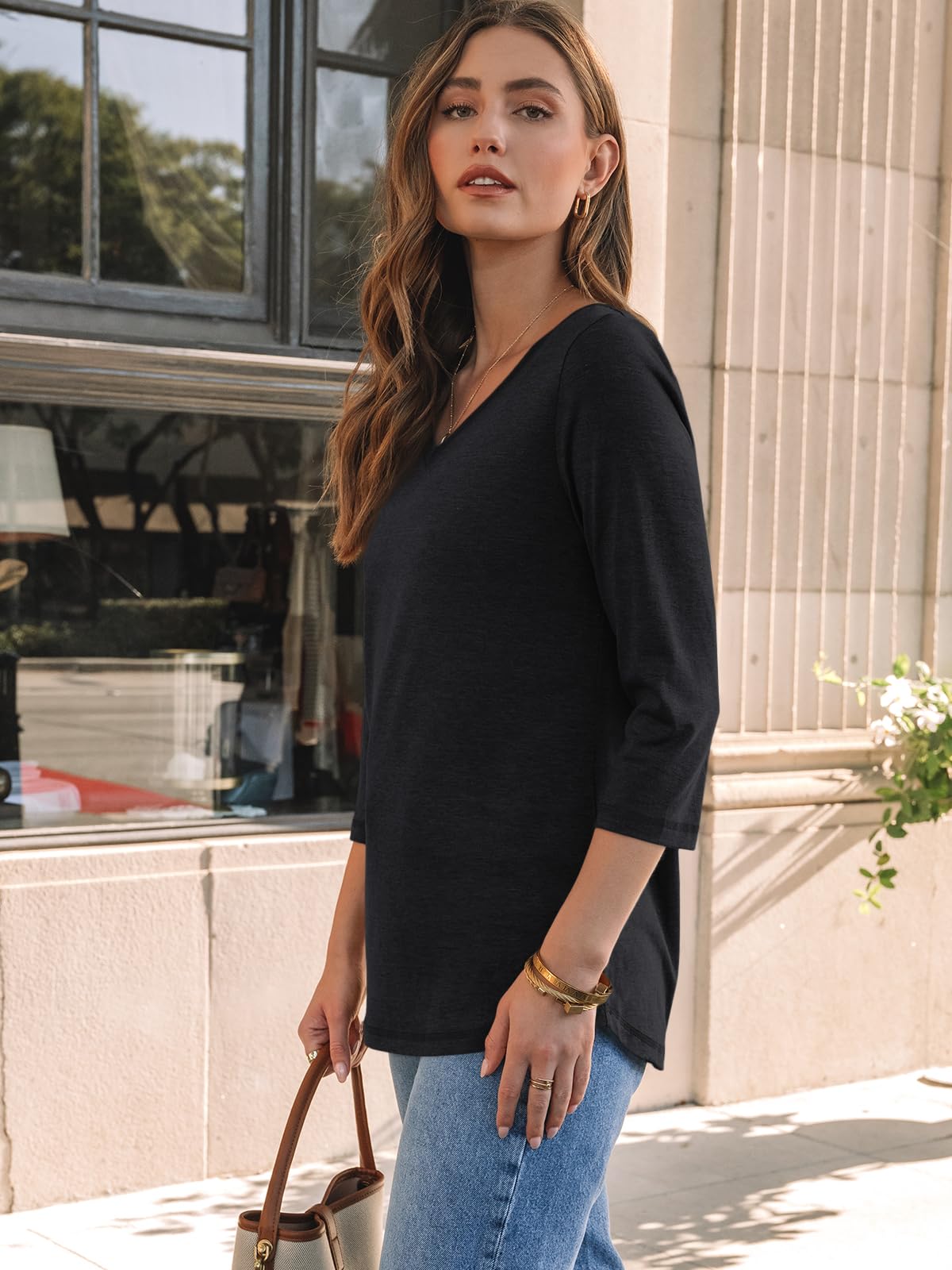 AUTOMET Women's 3/4 Sleeve V-Neck Tunic Top - Summer 2025 Casual & Dressy Blouse for Work, Spring Office Wear | Perfect for Business Casual, Date Night & Weekend Outings