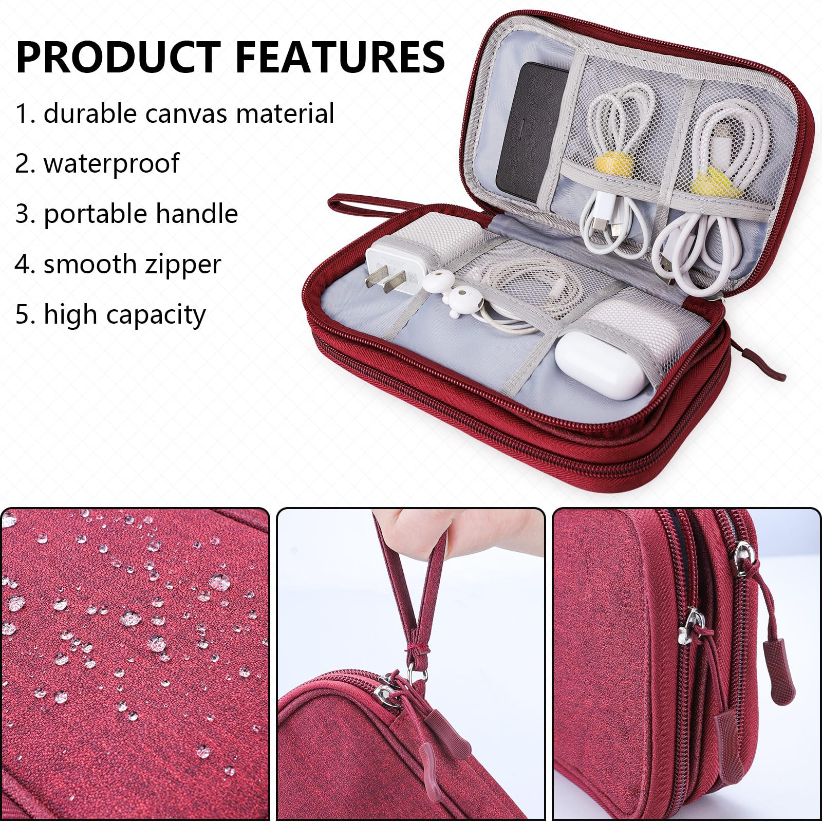 Teskyer Waterproof Travel Organizer Bag for Electronics & Cables - 8.5 x 5 Inch Wine Red Travel Accessories - Perfect for Business Trips, Vacations & Daily Commute (Men & Women)