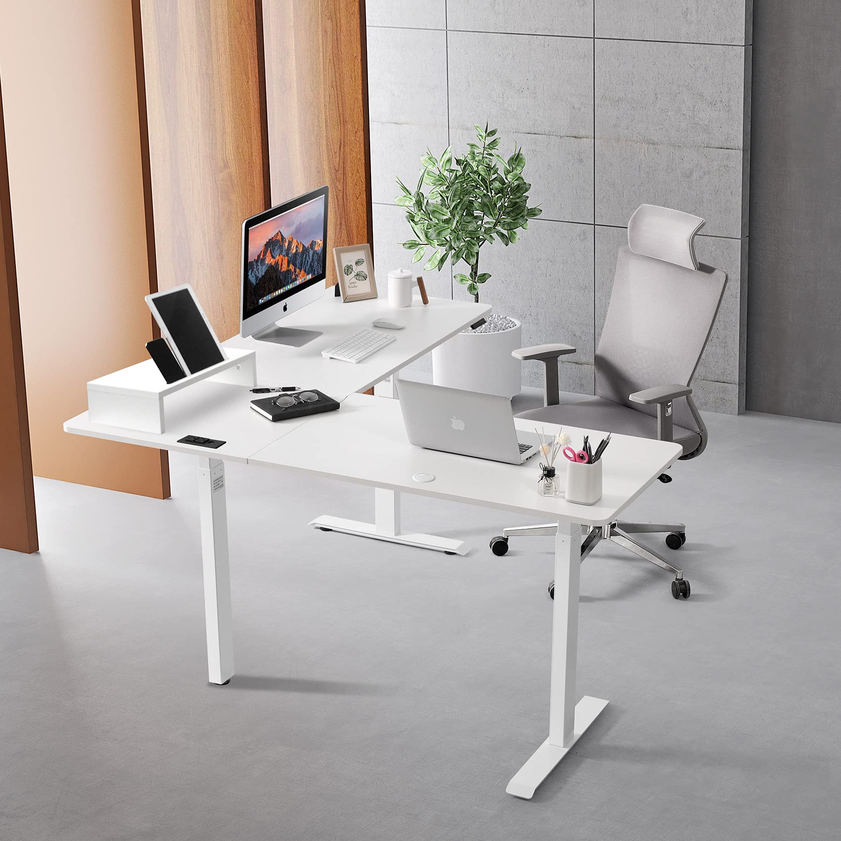 UNICOO L-Shaped Triple Motor Electric Standing Desk - Height Adjustable Corner Desk for Gaming & Home Office, Easy Touch Control, Solid Steel Frame (White Top/White Frame) - Perfect for Small Spaces & Ergonomic Workstations