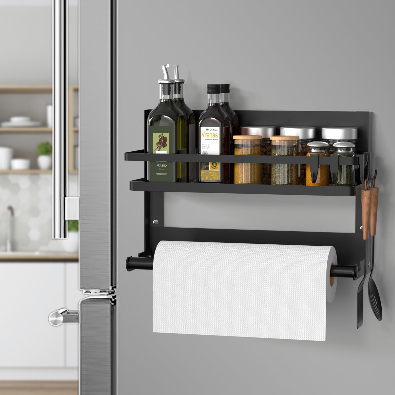 DUNSOO Spice Rack Wall Mount with Kitchen Roll Holder & 4 Hooks, No-Drill Stainless Steel Shelf for Kitchen & Bathroom Organization, Black – Perfect for Small Spaces and Modern Homes
