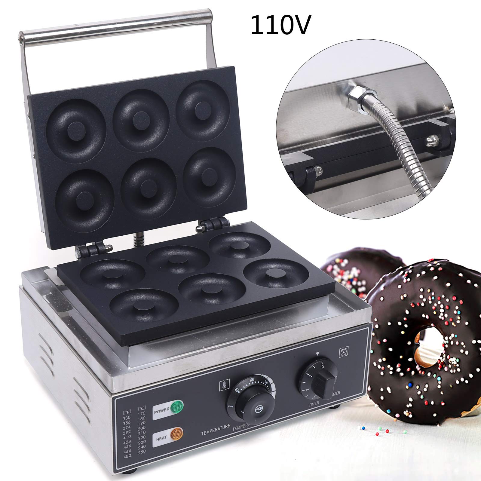 DYRABREST 110V Commercial Donut Maker Machine - 6 Holes Double-Sided Non-Stick Electric Doughnut Maker with 1550W - Perfect for Home Kitchen, Restaurants, Cafes & Shops - Make Cute Donuts, Mini Waffles & Breakfast Pastries