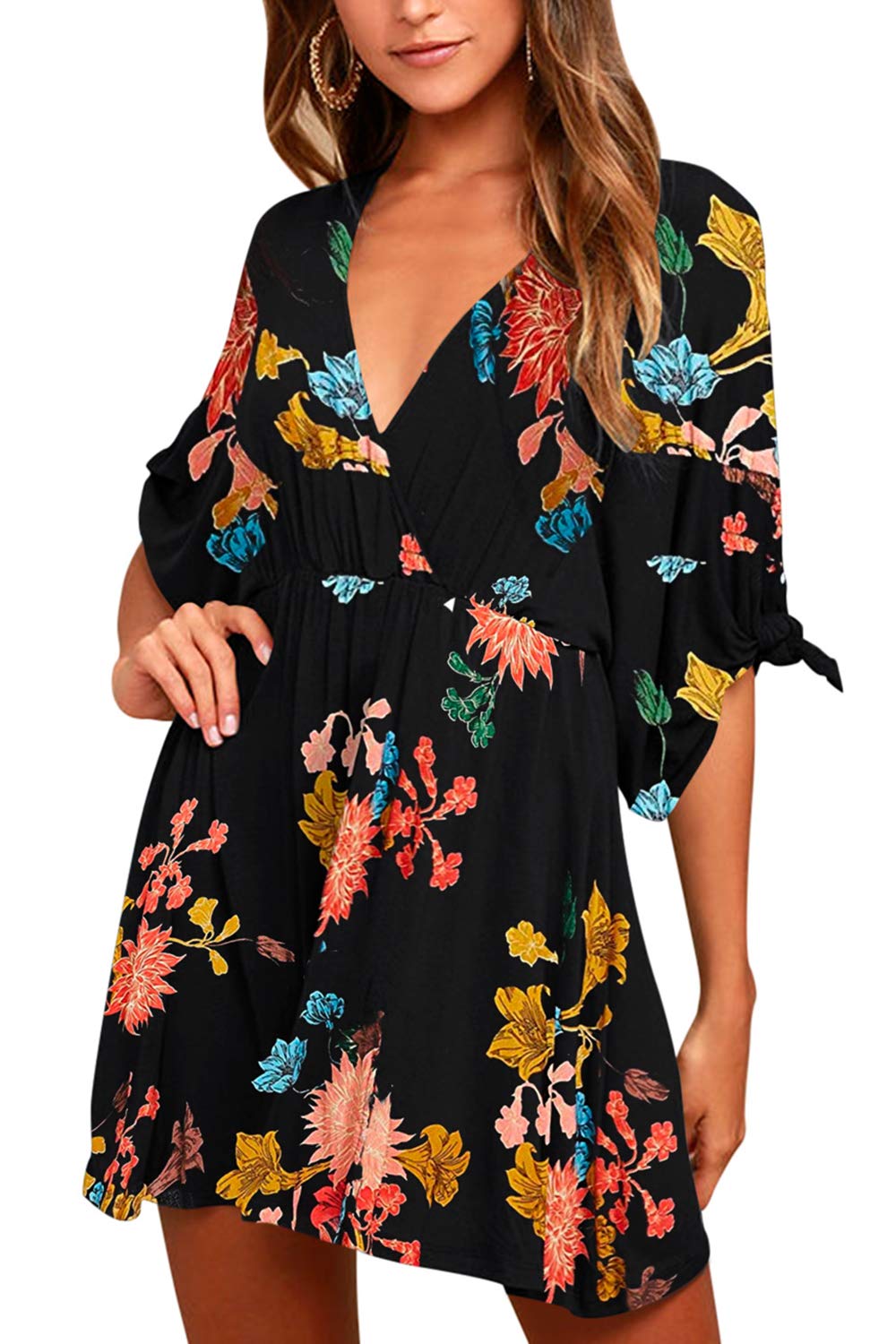 Meenew Women's Summer Casual Loose Tunic Swing Dress - V Neck Short Sleeve Vacation Beach Dress for Travel, Party & Outdoor Activities