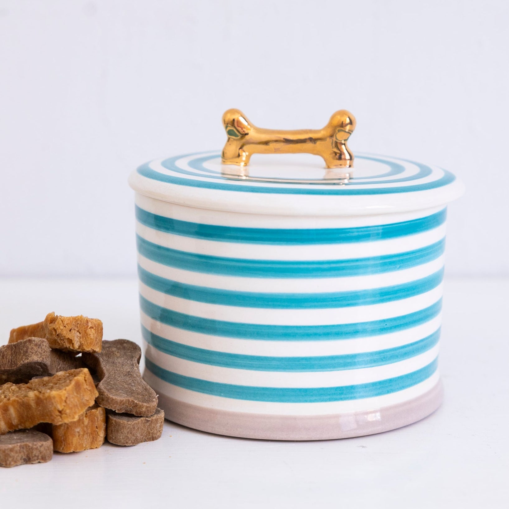 Jill Rosenwald X Polkadog Ceramic Dog Bone Treat Jar - Marine Blue Pet Food Storage Container for Treats & Kibble - Perfect for Kitchen Countertop or Pet Feeding Station Organization