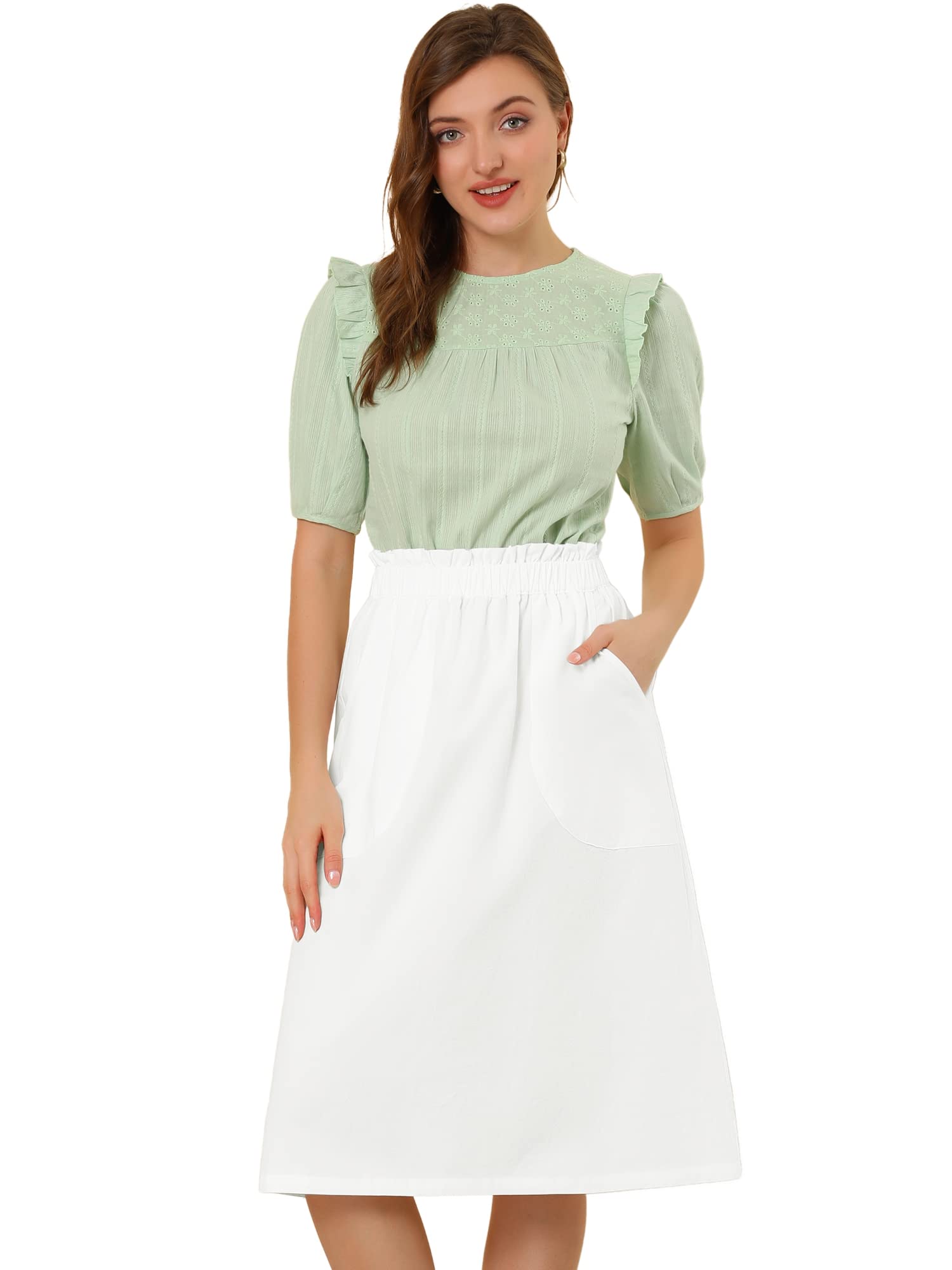 Allegra K Women's Casual Cotton Elastic Waist A-Line Midi Skirt with Pockets - Comfortable Summer Boho Peasant Skirt for Beach, Travel & Everyday Wear