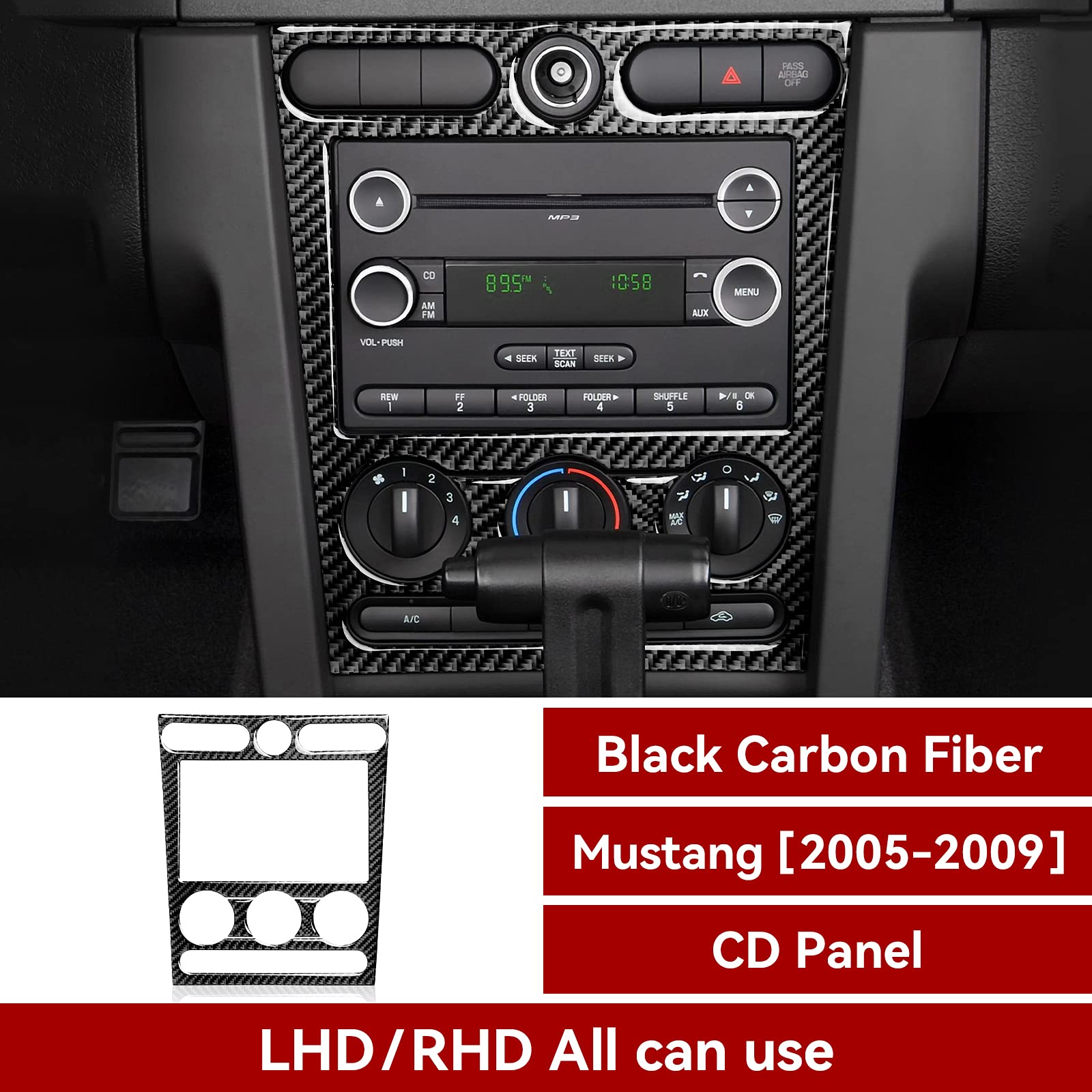 Carbon Fiber AC Control Panel Cover for 2005-2009 Ford Mustang GT & Shelby - Durable Sticker Accessory for Dash Protection & Interior Upgrade - Perfect for Car Enthusiasts & Customization Projects