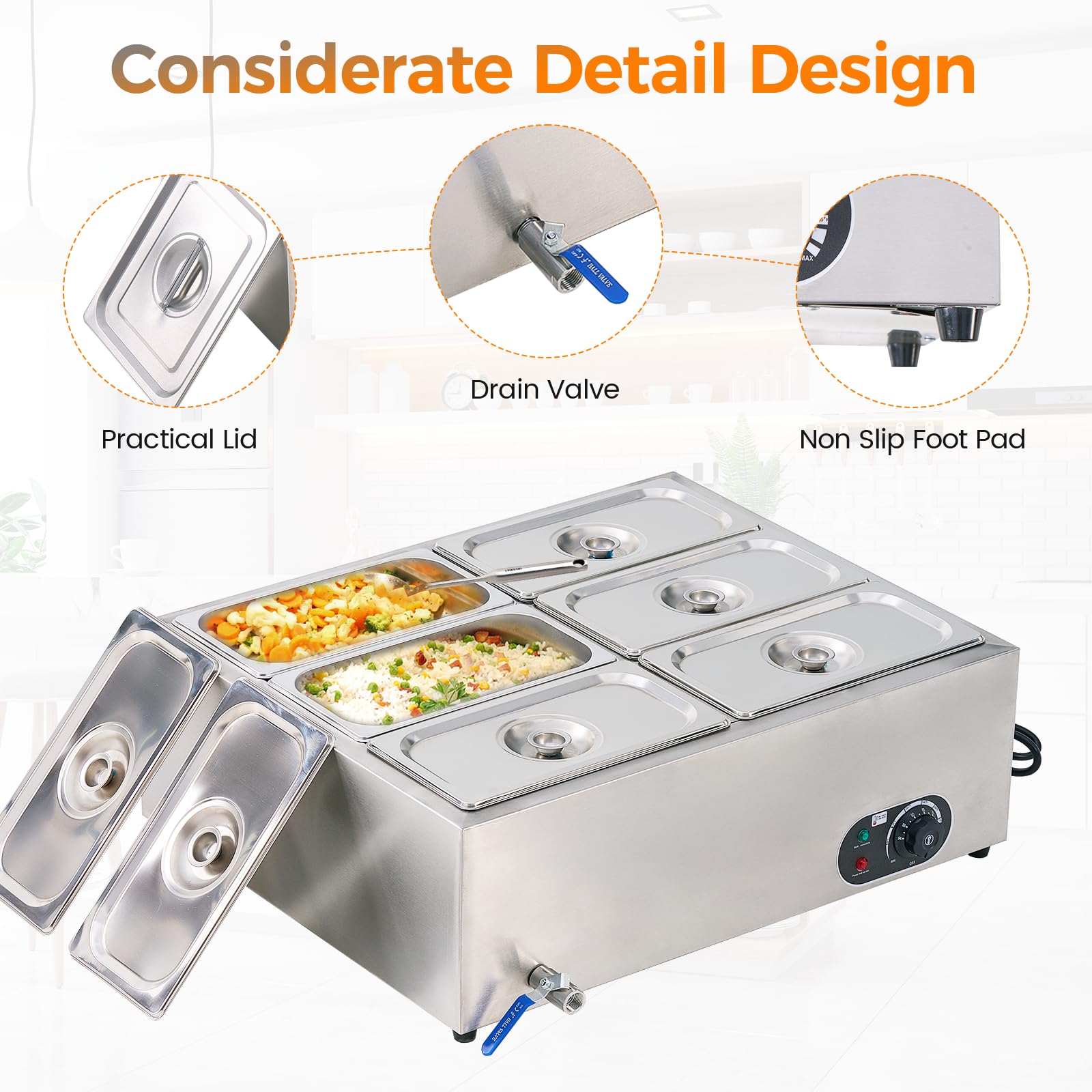 6-Pan Commercial Food Warmer - 1200W Stainless Steel Electric Steam Table | 46Qt Bain Marie for Catering, Restaurants & Buffets | Perfect for Parties, Events & Food Service
