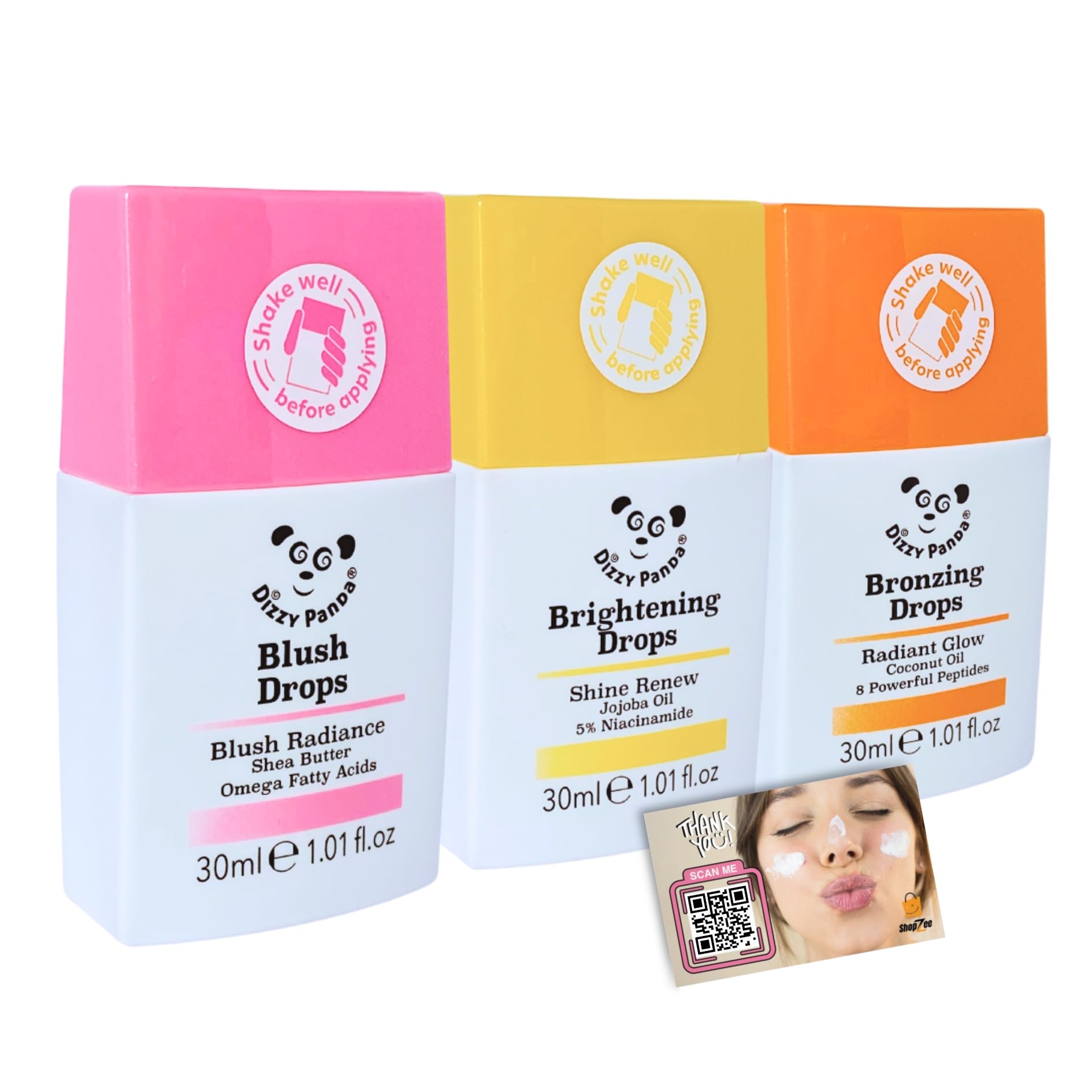 Dizzy Panda Skincare Drops - Glow Boosting Serum with Shea Butter, Coconut Oil & Niacinamide for Radiant, Hydrated Skin - Mixed Drops Set (30ml) + Free Skincare eBook - Perfect for Daily Routine, Night Care & Travel Skincare