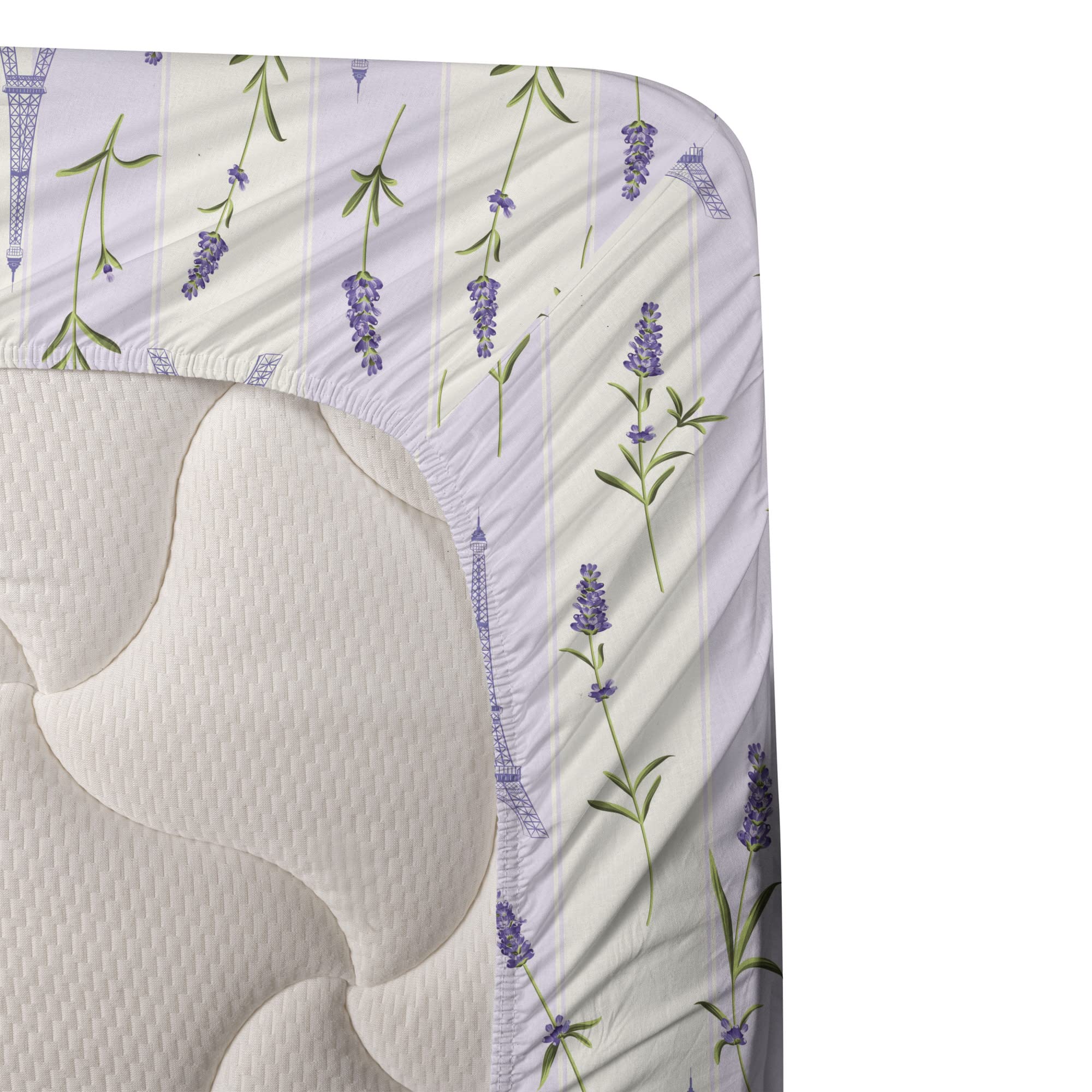 Ambesonne Paris Floral Bed Sheet Set - Lavender Flowers on Soft Stripes 4-Piece King Size, Pale Green & Lavender | Luxury Bedroom Decor for Master Bedroom, Guest Room & Vacation Homes
