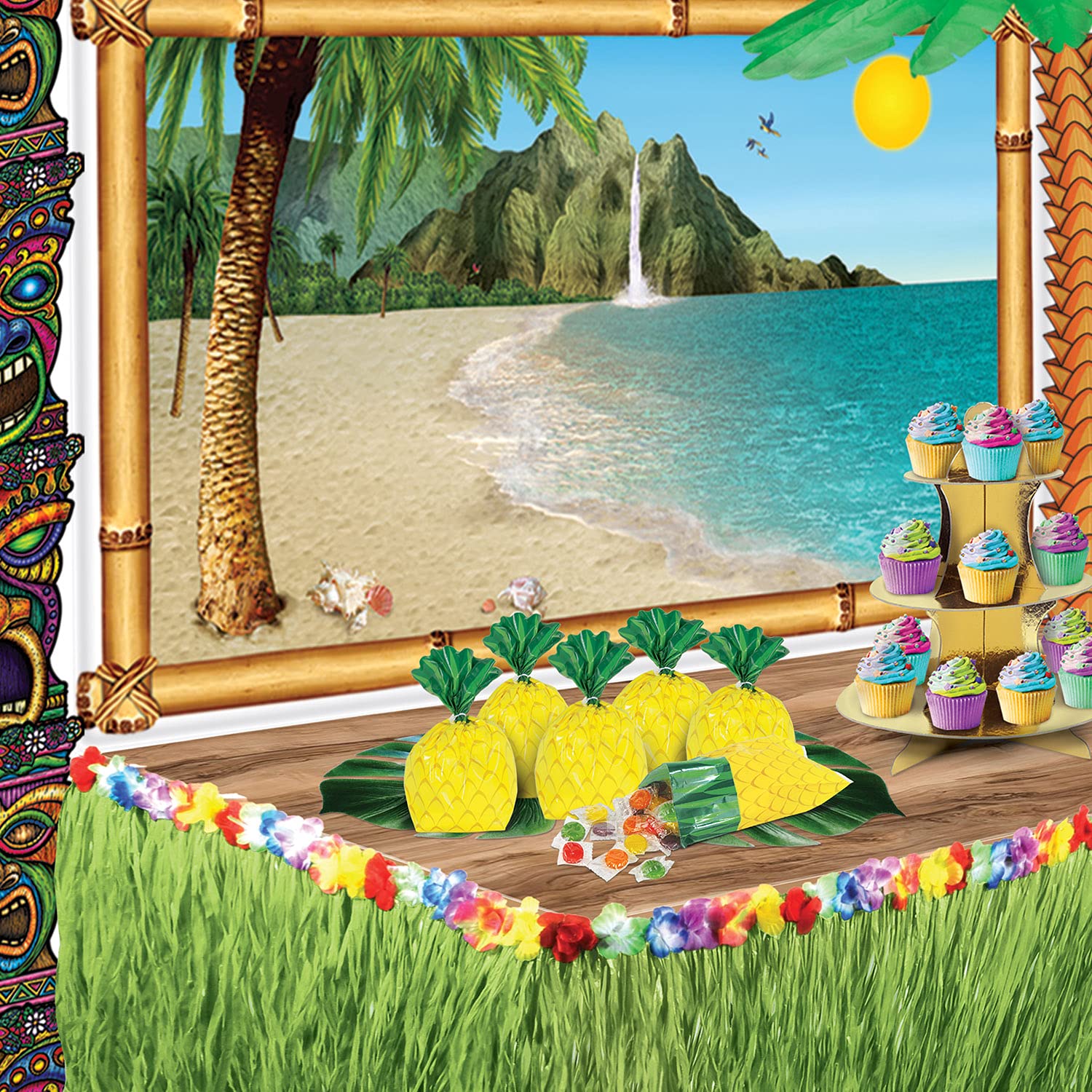 Beistle 75-Piece Tropical Treat Favor Bags for Luau Party - Pineapple Themed Cellophane Candy Bags with Twist Ties (Yellow/Green) - Perfect for Hawaiian Theme Parties, Baby Showers & Summer Events
