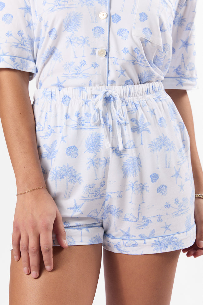 Blue Coastal Toile Pajama Shorts for Women - Comfortable Sleepwear & Lounge Shorts - Perfect for Summer Nights, Beach Vacations, and Relaxing at Home