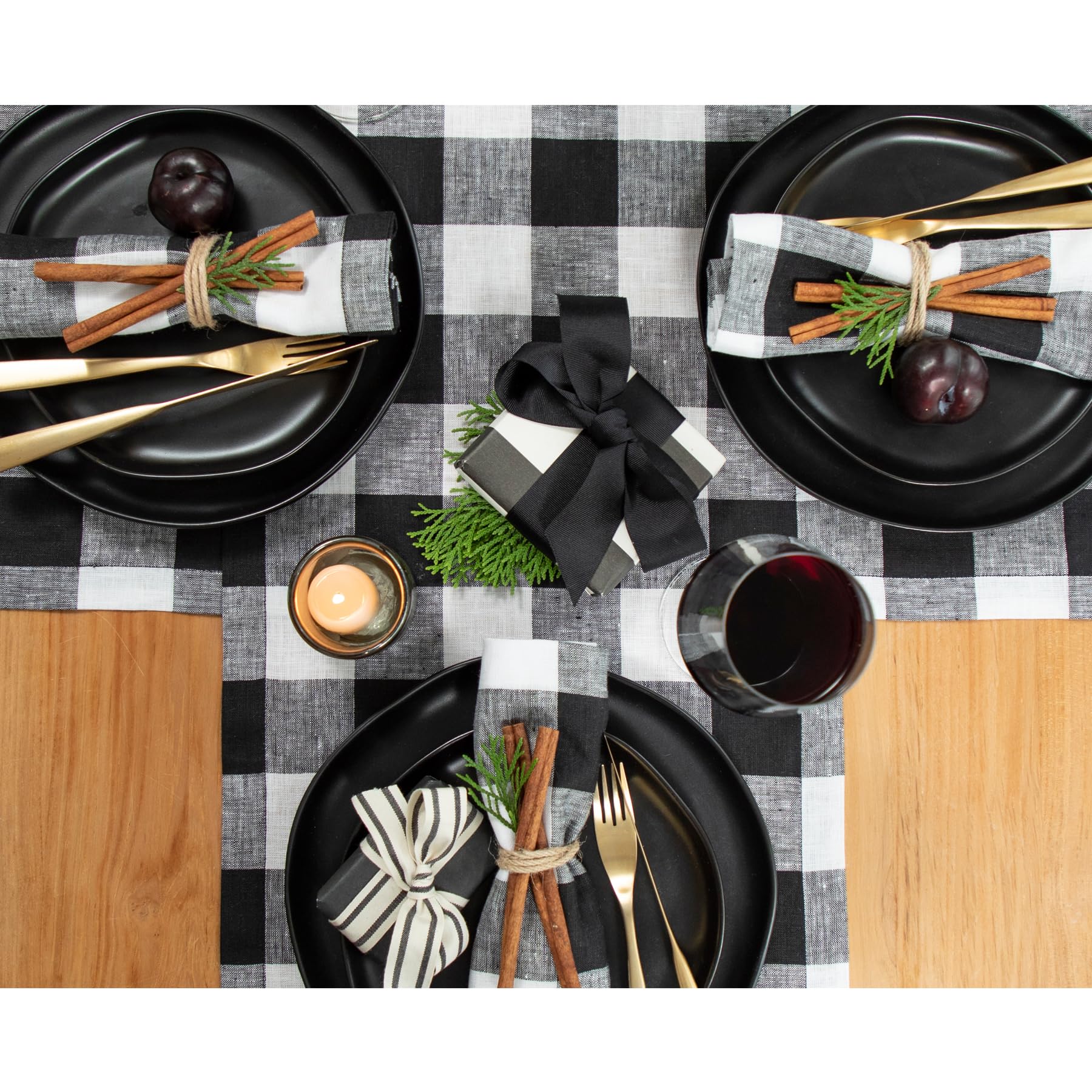 Solino Home 100% Pure Linen Buffalo Check Table Runner 14x60 Inch - Black and White Plaid Table Decor for Dining, Coffee & Dresser Tables - Perfect for Spring, Mother's Day & Easter Decorations