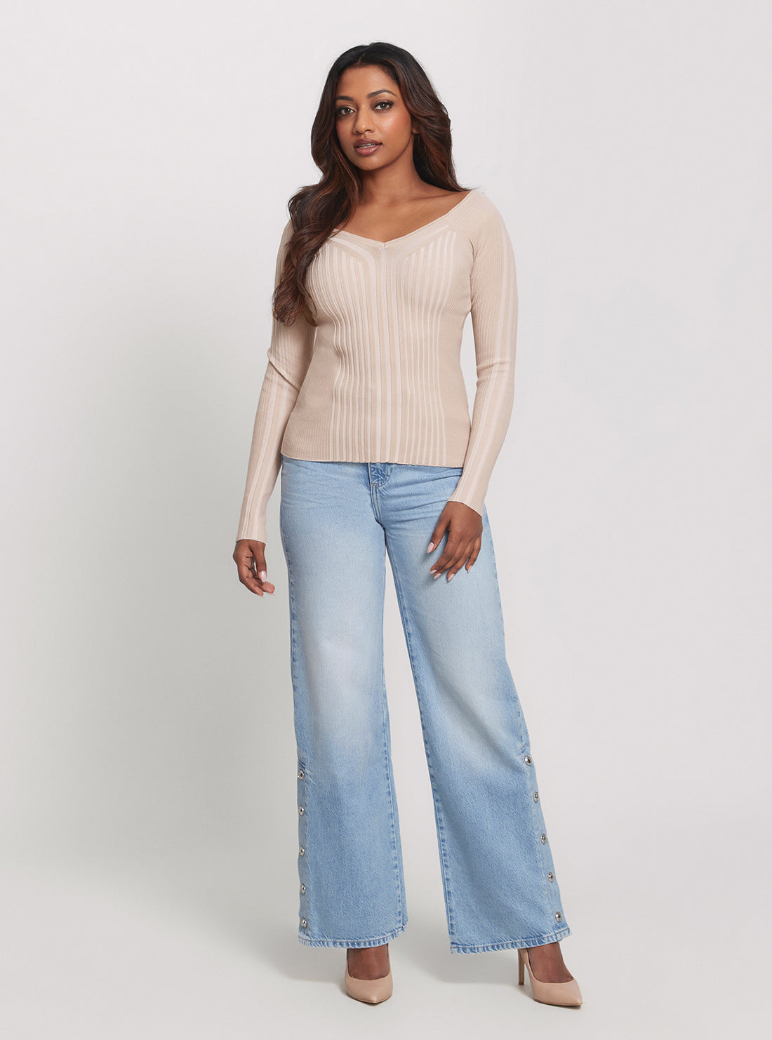 Beige Allie Long Sleeve Knit Top for Women - Soft Comfortable Turtleneck Sweater for Fall & Winter - Perfect for Office, Date Night and Casual Outfits